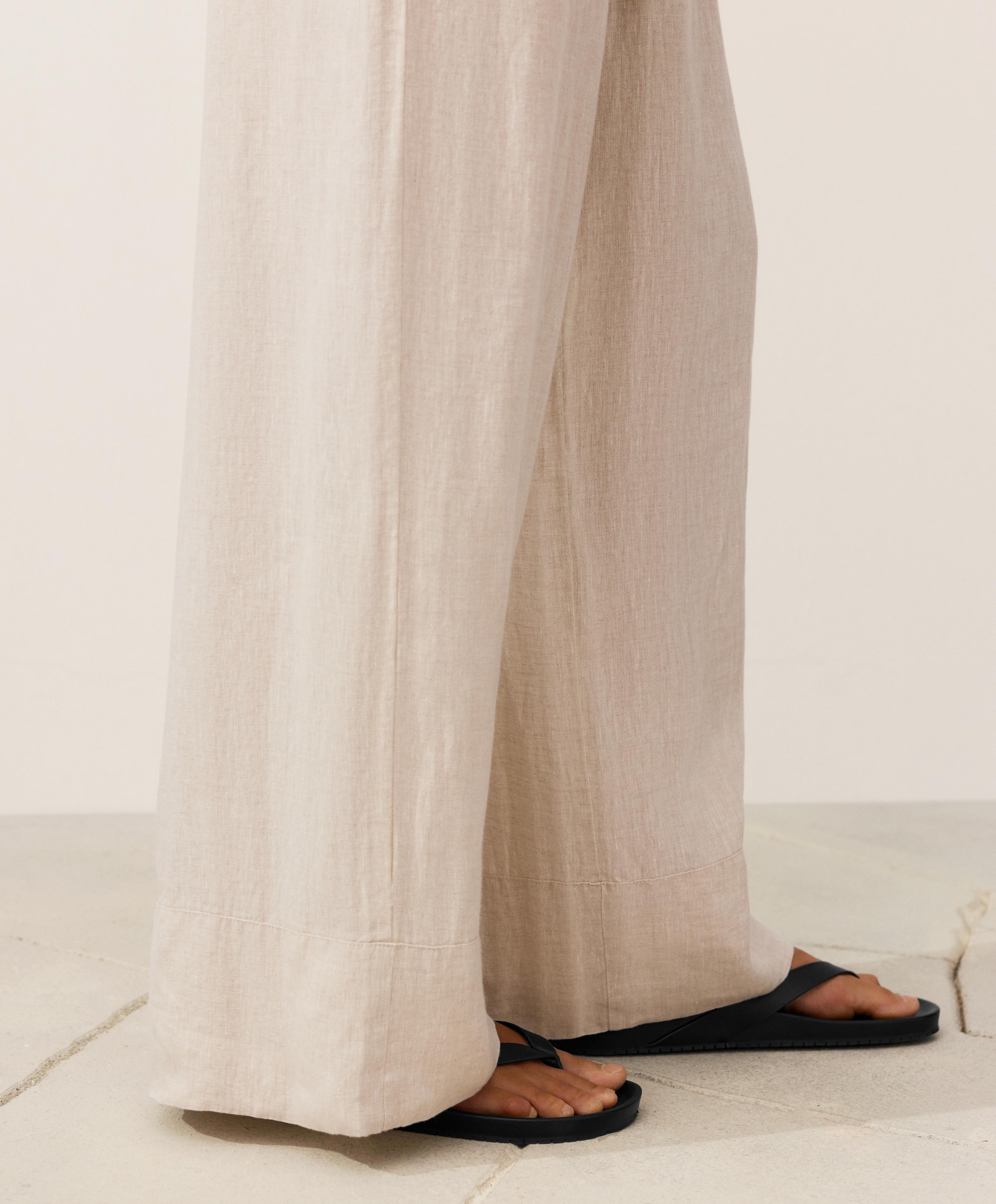 100% linen straight-leg trousers — SAND MELANGE
