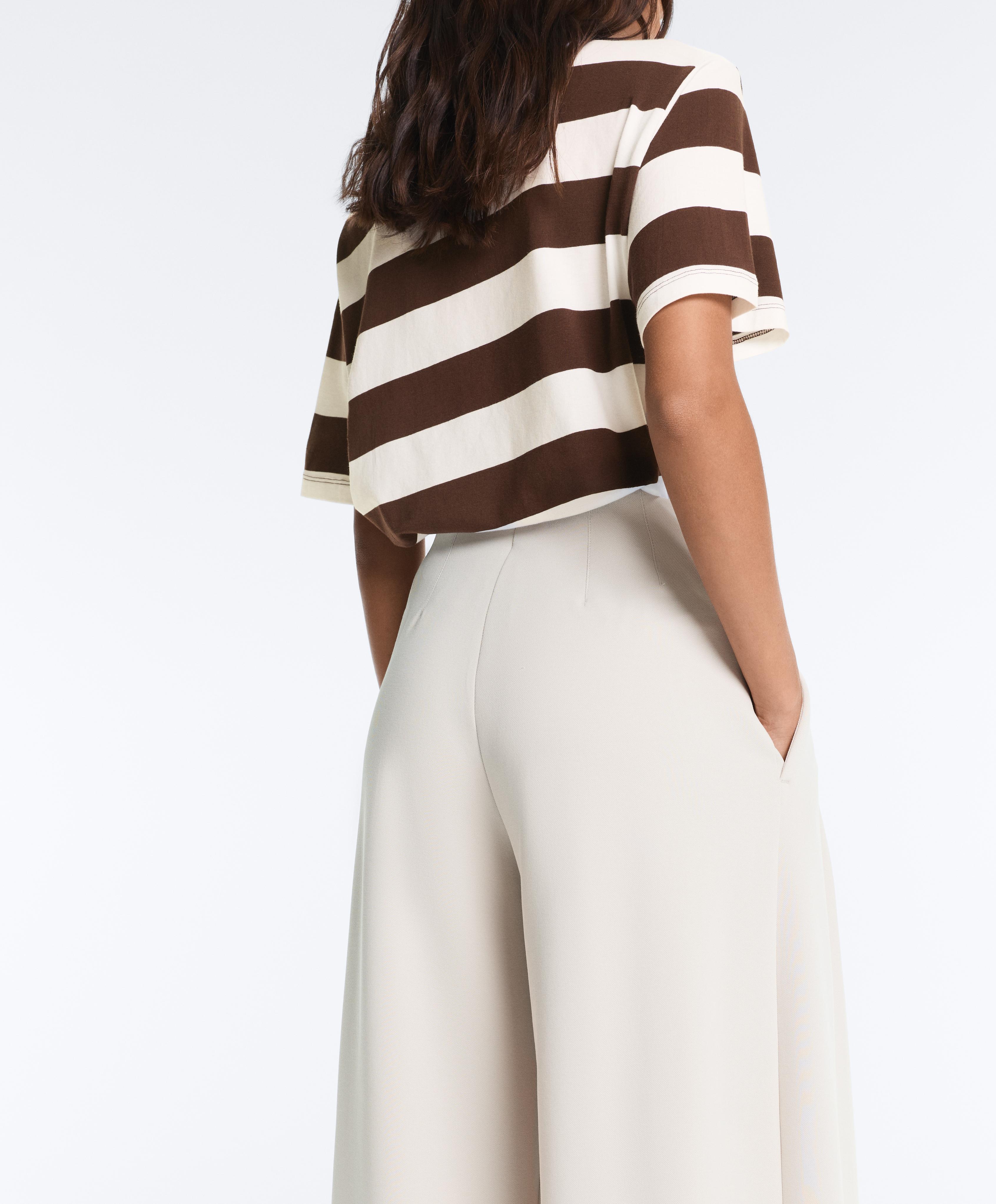 Cotton wide-leg pique trousers with pleats — PALE MINK