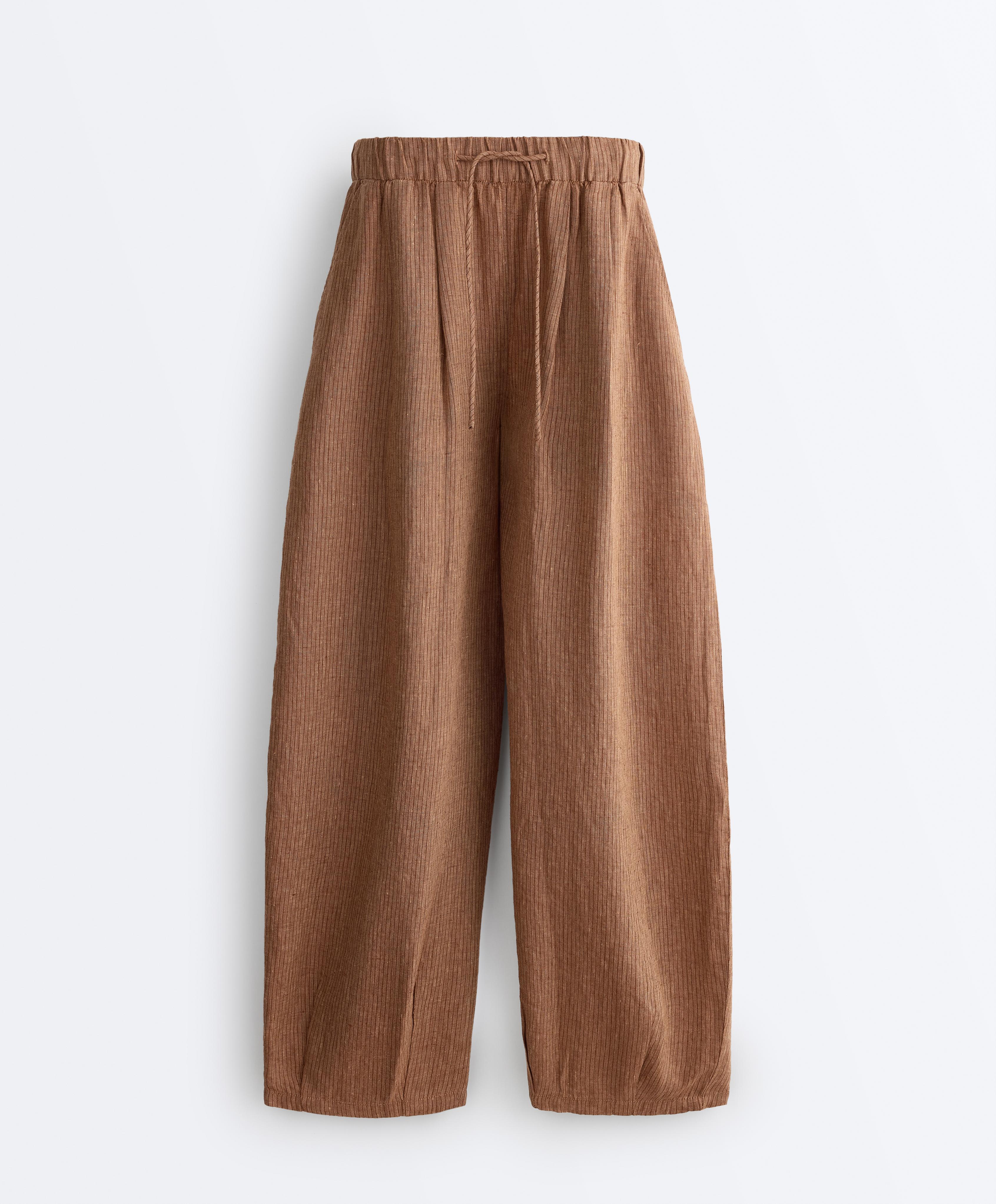 100% linen striped balloon trousers — TAN MELANGE