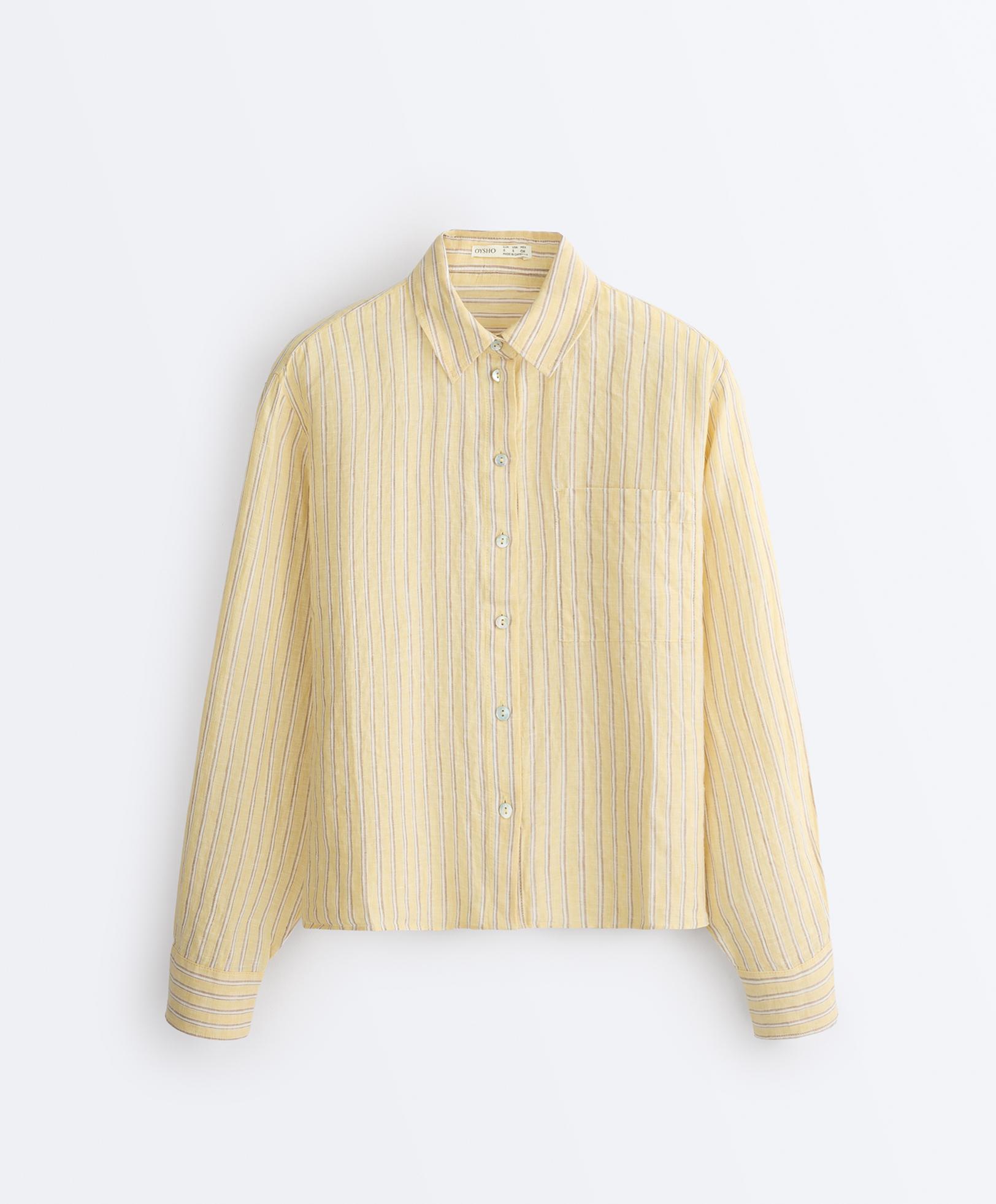 Striped 100% linen cropped shirt — SOFT YELLOW