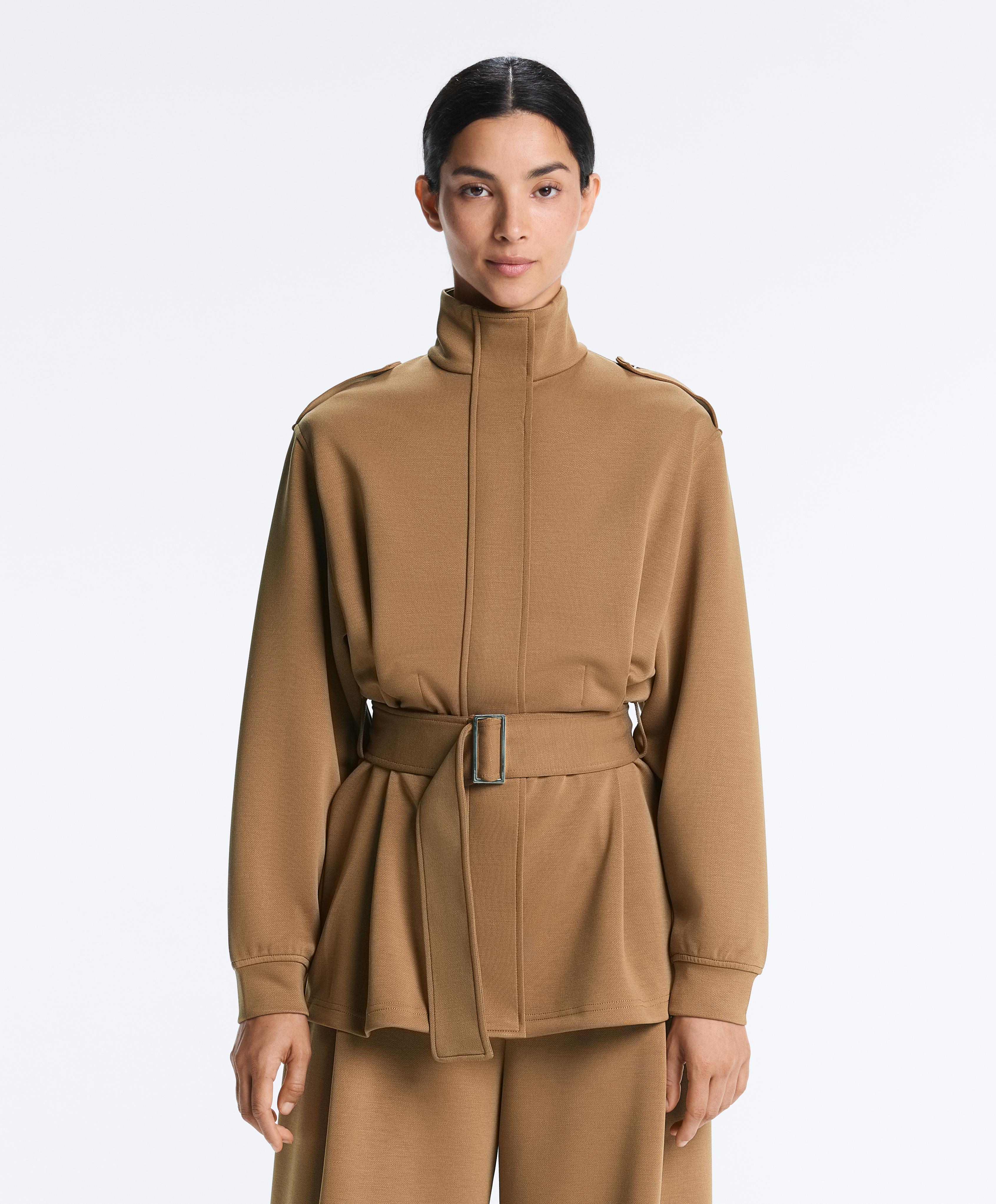 Long utility jacket with cotton and modal twill belt