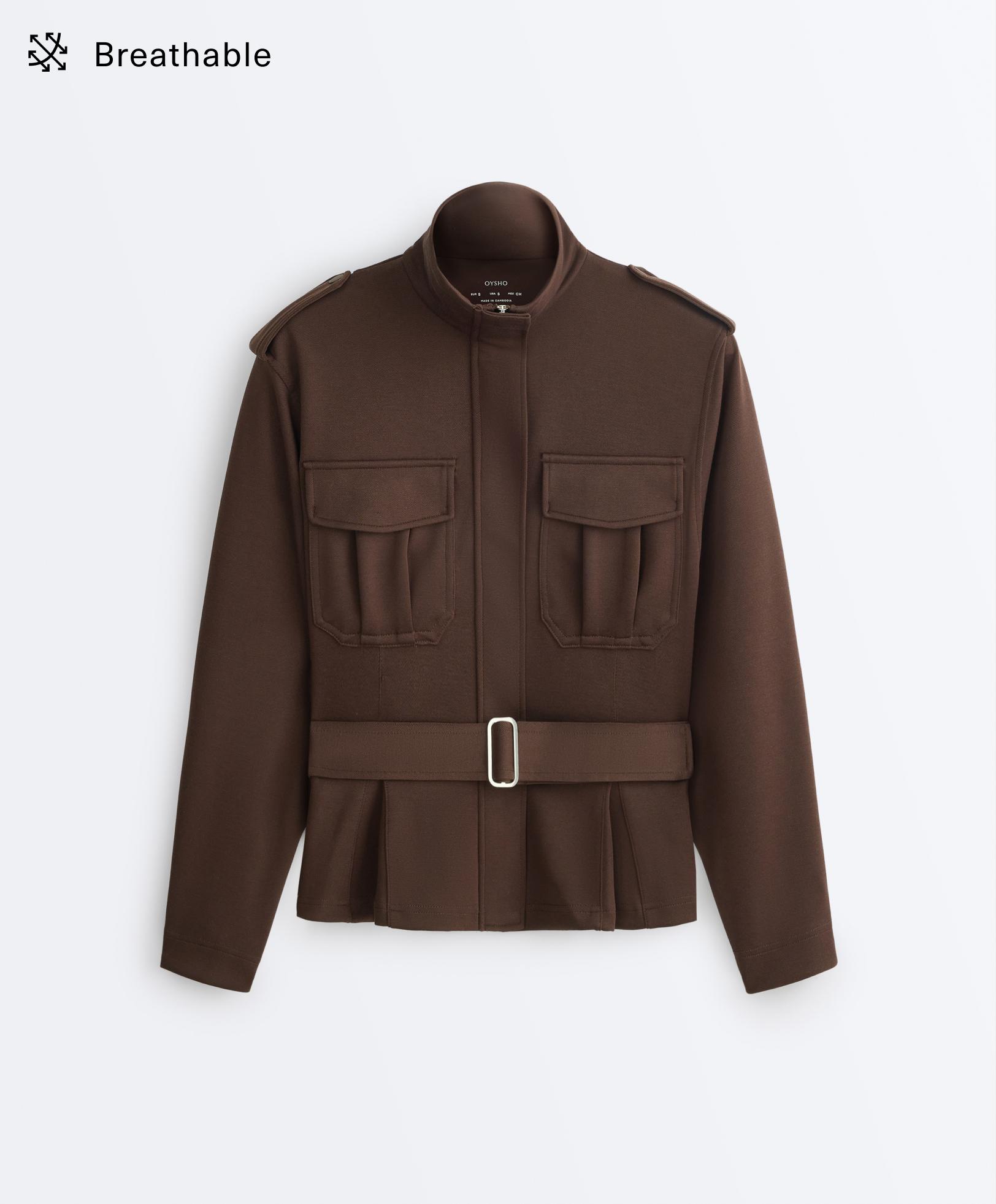 Cropped piqué utility jacket with belt — DARK BROWN