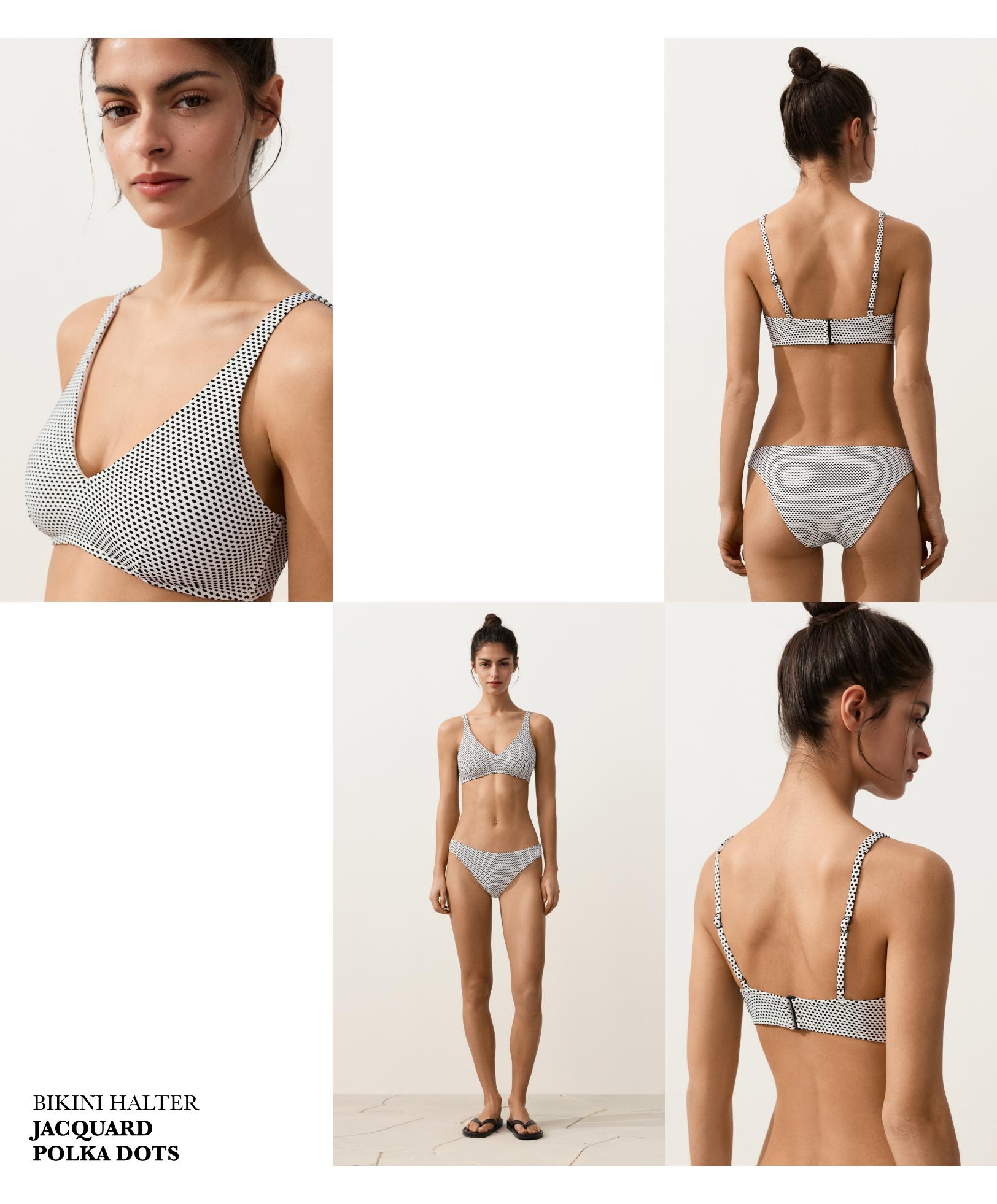 Jacquard polka dot halter bikini top — PALE ECRU