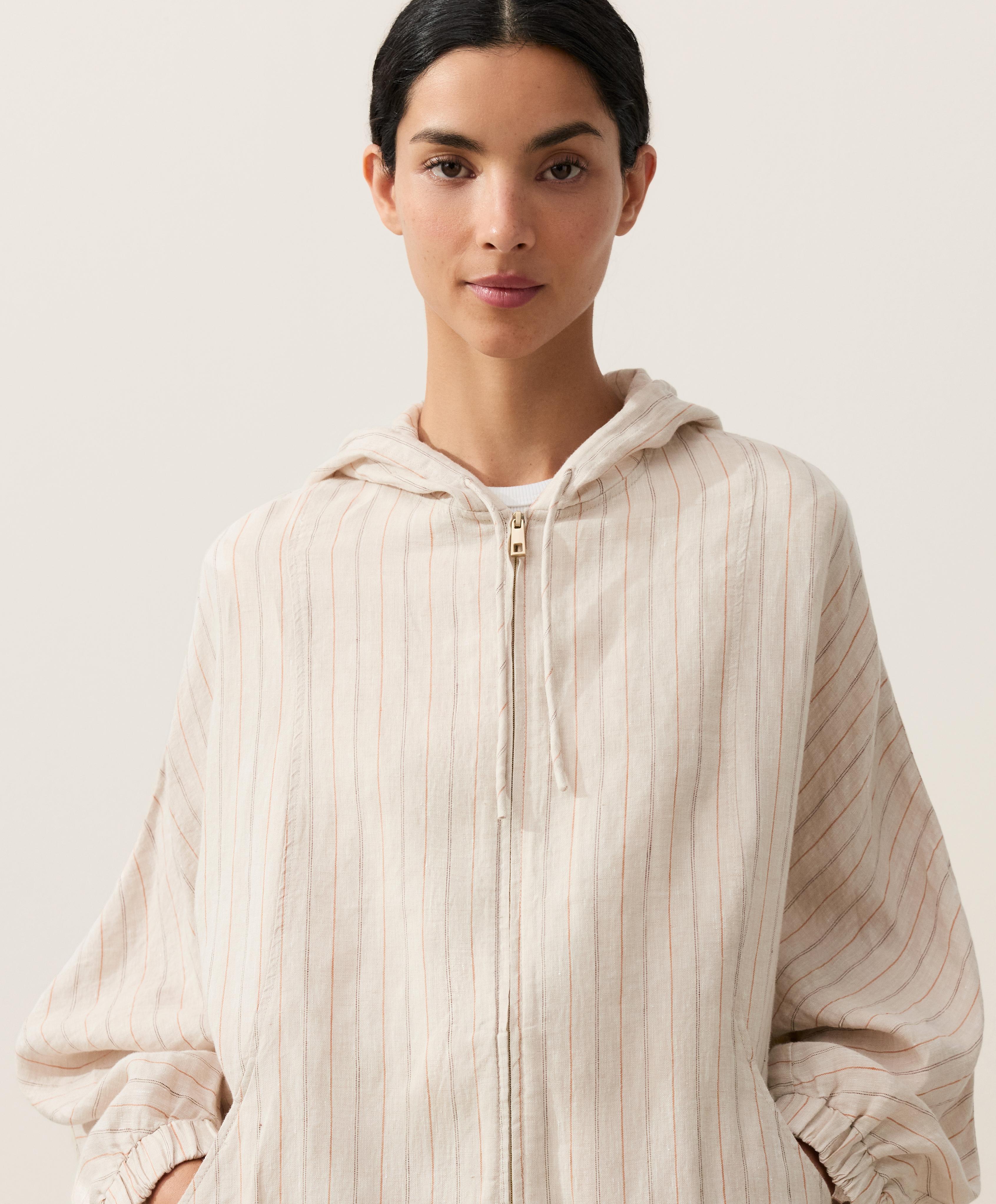 Kapüşonlu çizgili %100 keten ceket