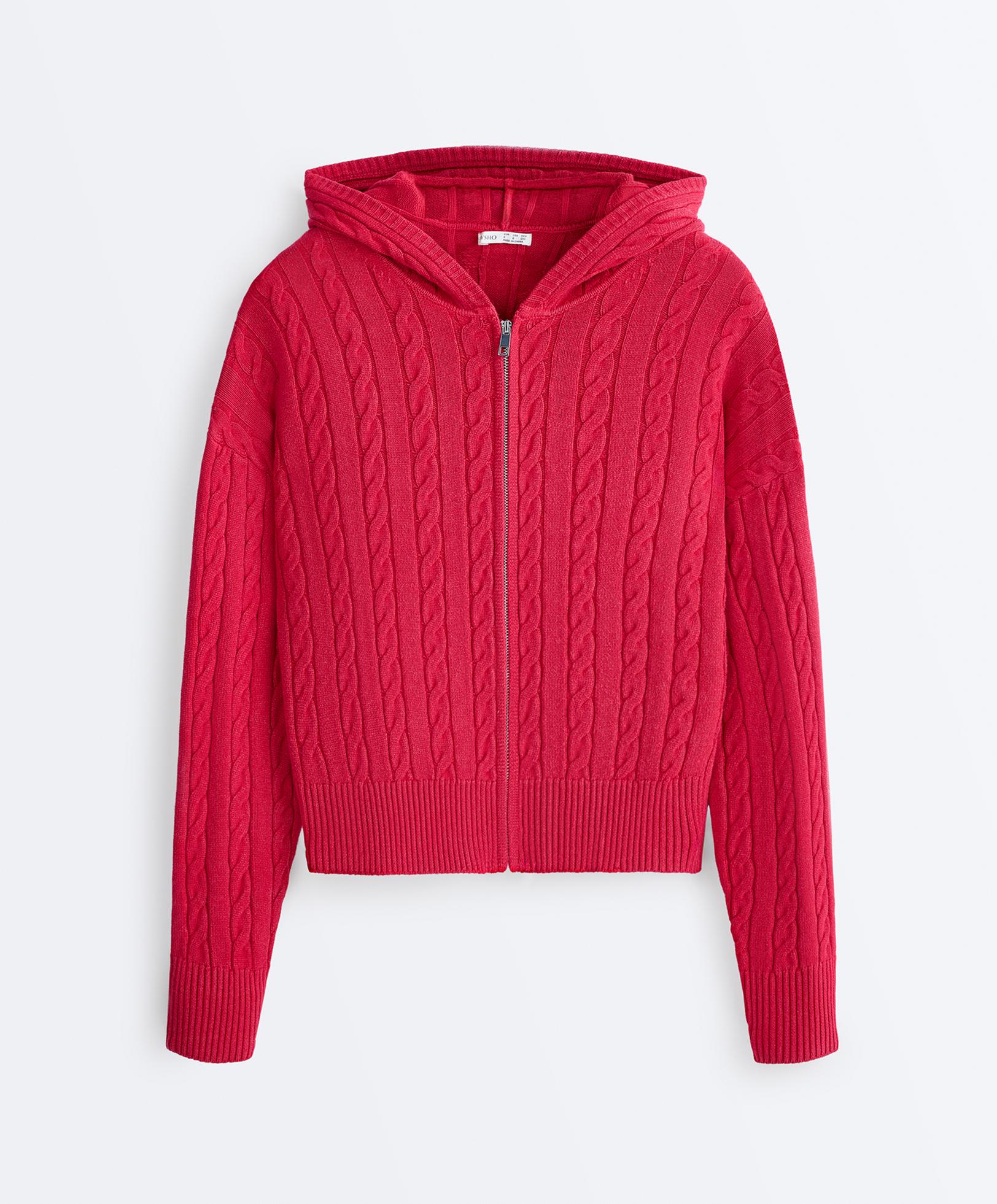 Washed cable knit hooded jacket — RED