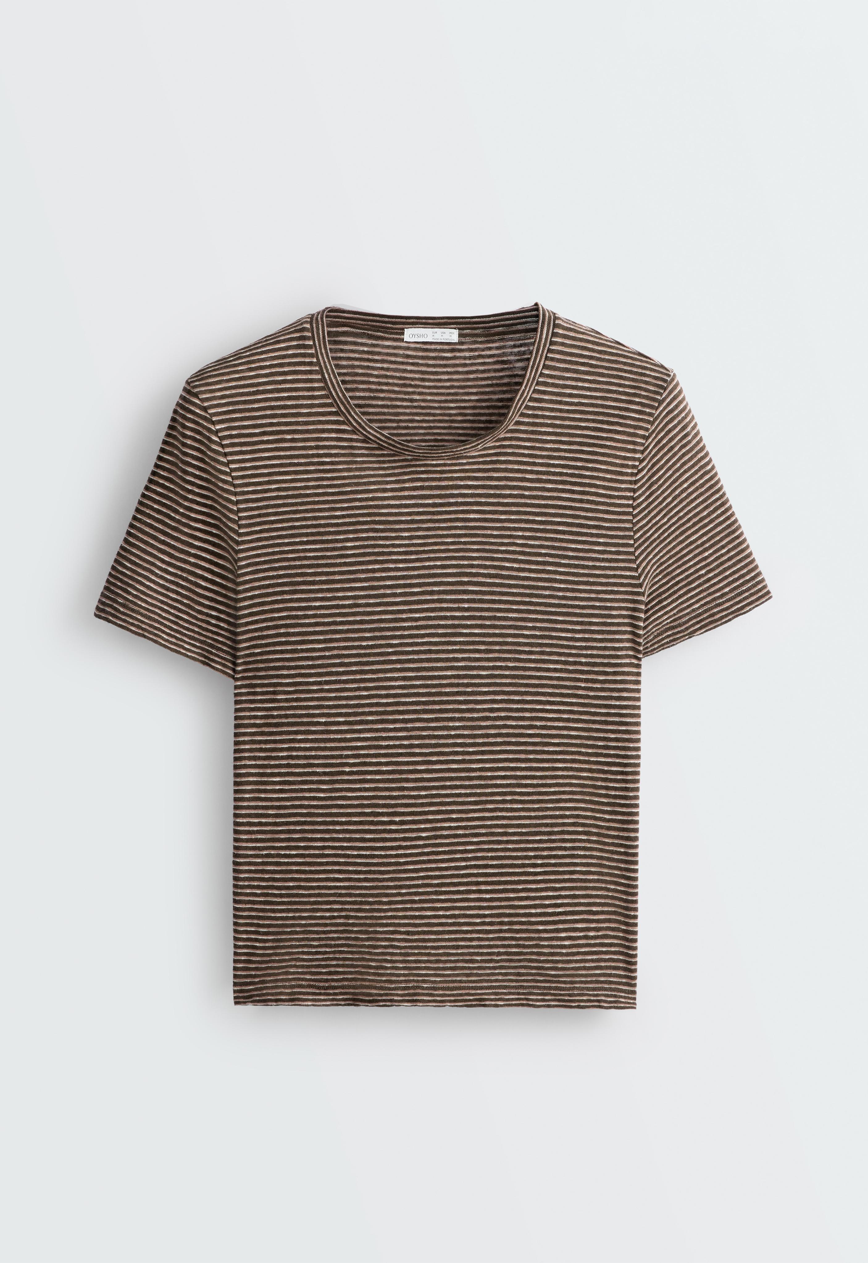 Slim-fit striped cotton and linen T-shirt — CHOCOLATE