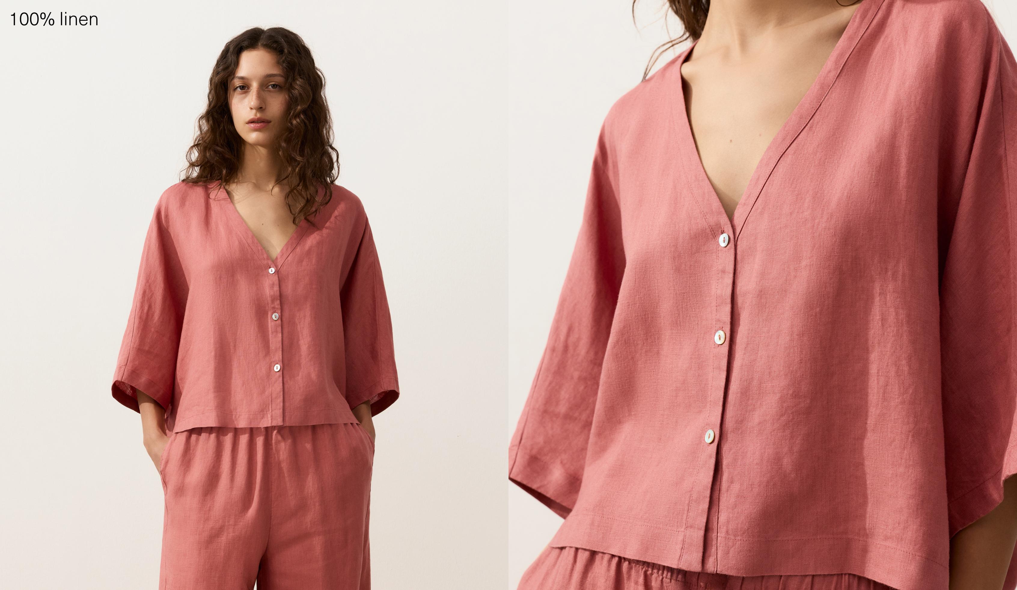 100% linen short-sleeve shirt — CORAL