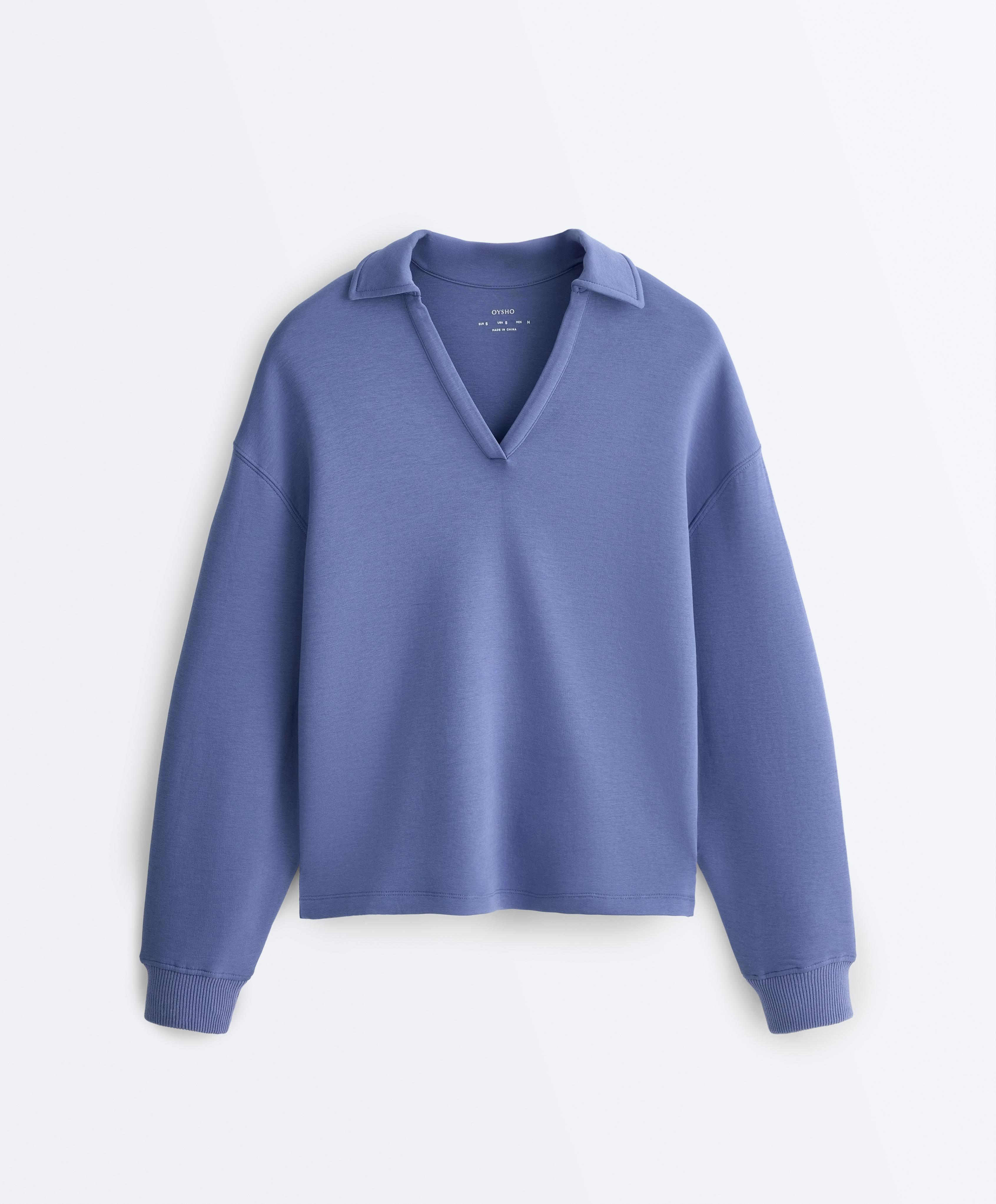 Cotton blend V-neck polo — BRIGHT GREY-BLUE
