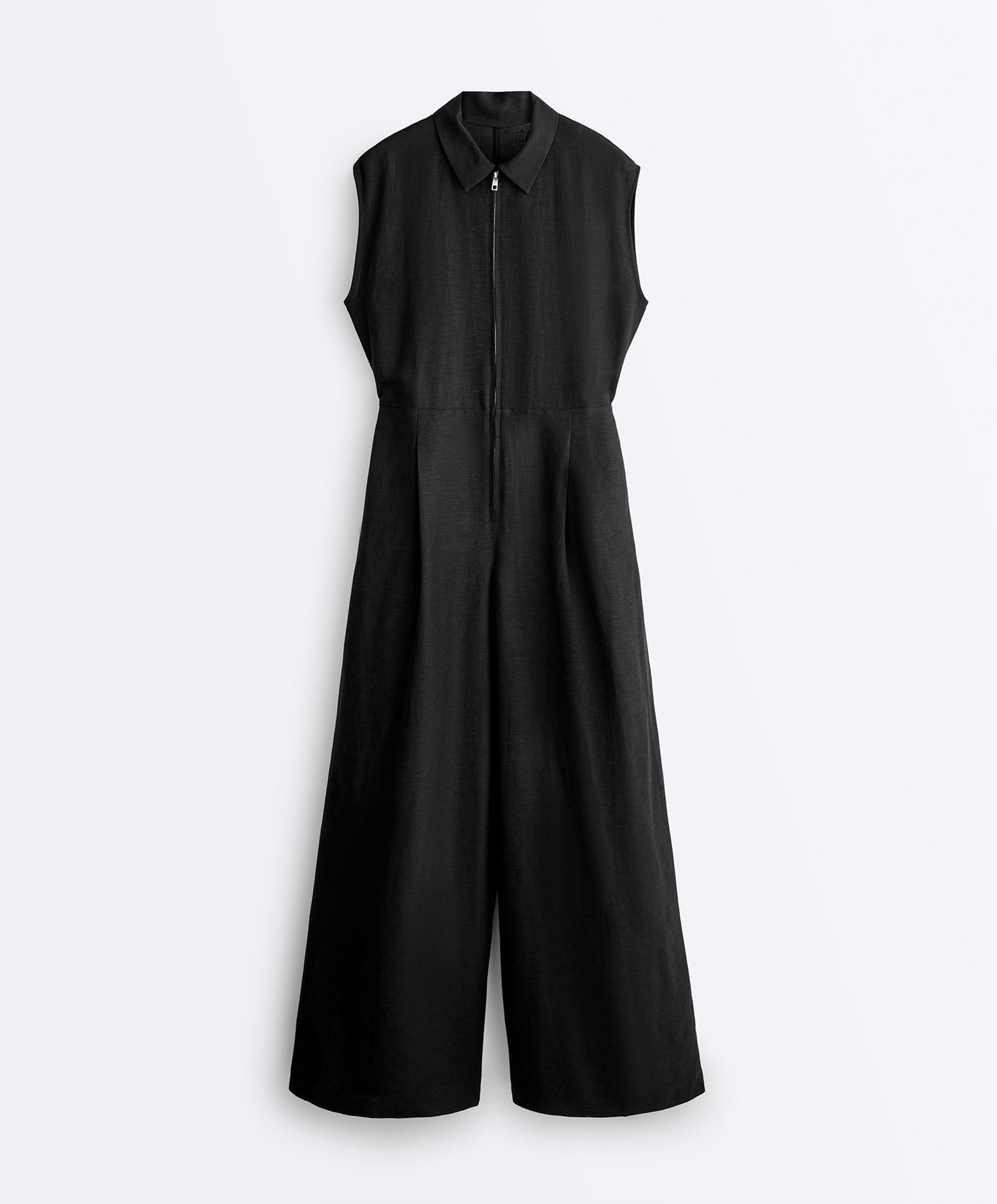 Linen long jumpsuit with lapel collar — BLACK