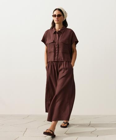 100% linen collared shirt with pockets — CHOCOLATE 4