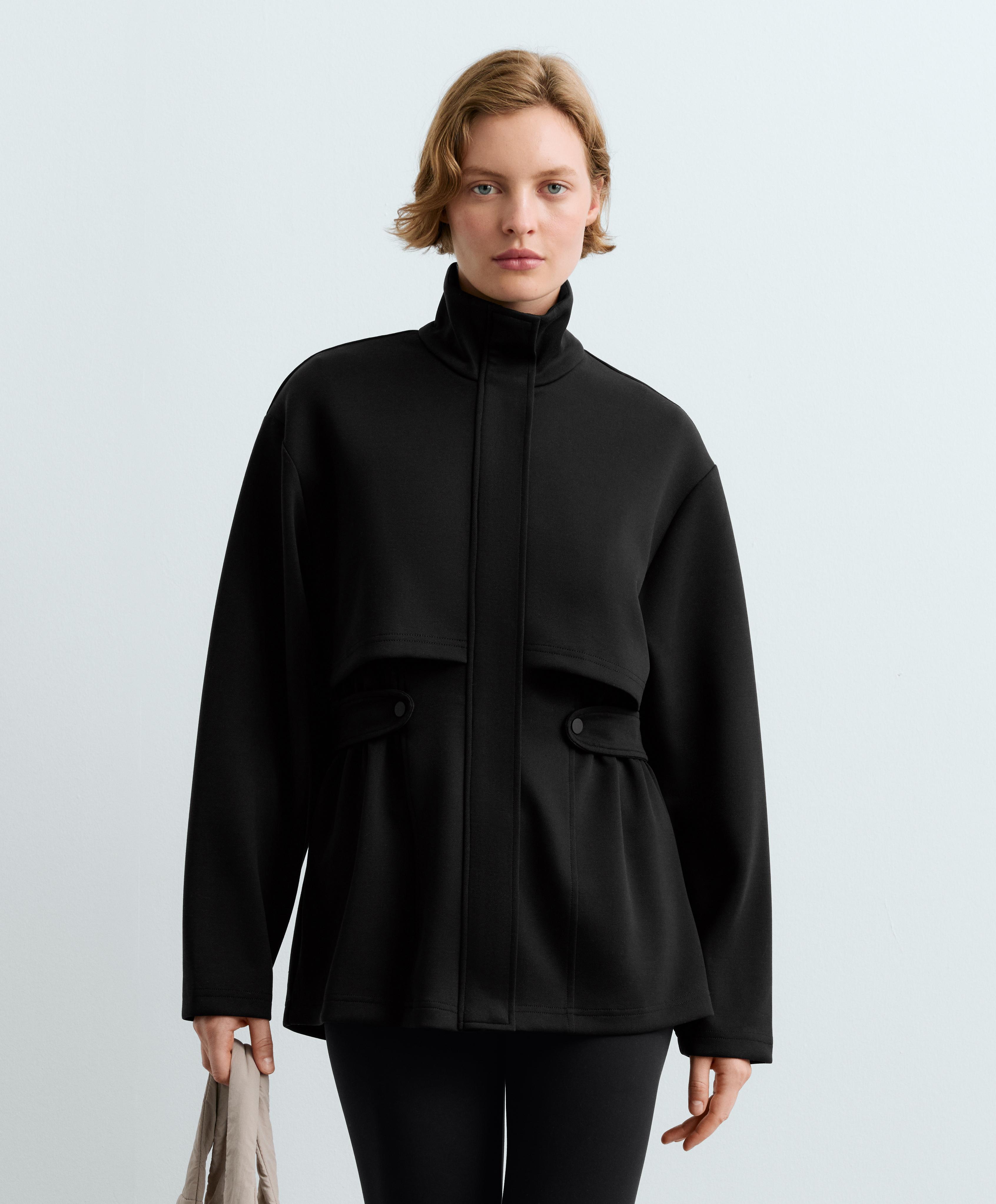 Long piqué jacket with belt — BLACK