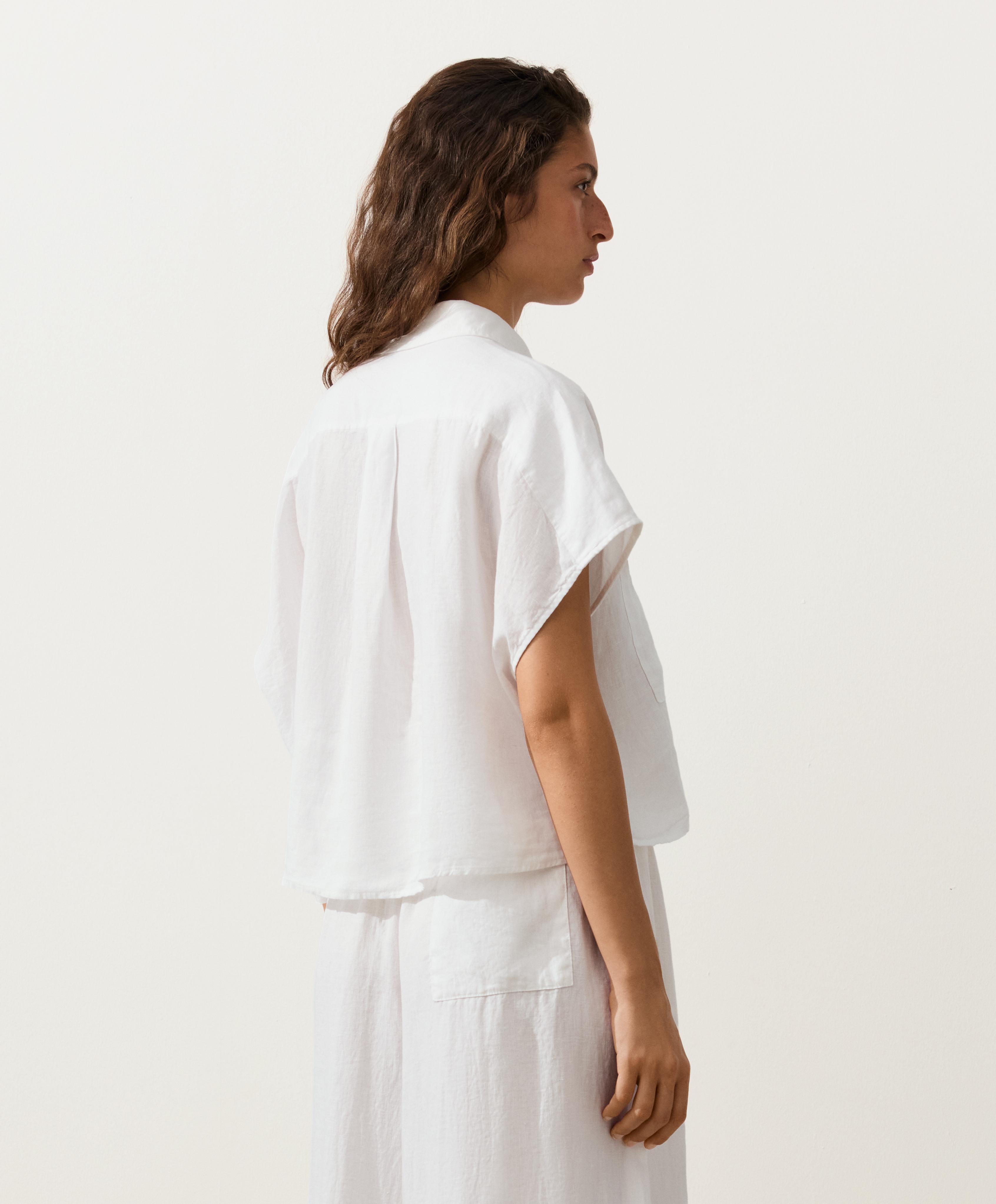 100% linen collared shirt with pockets — WHITE