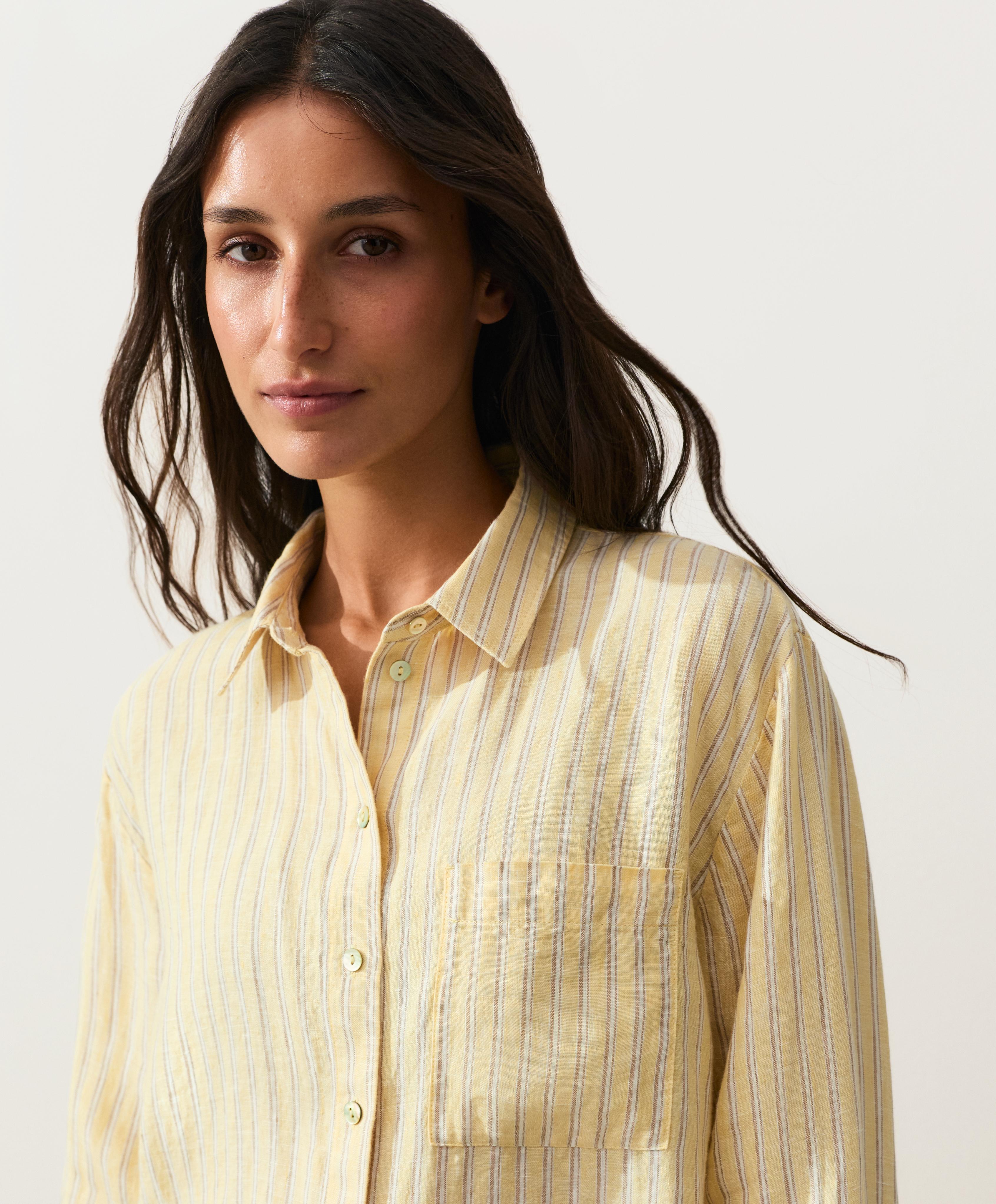 Striped 100% linen cropped shirt — SOFT YELLOW