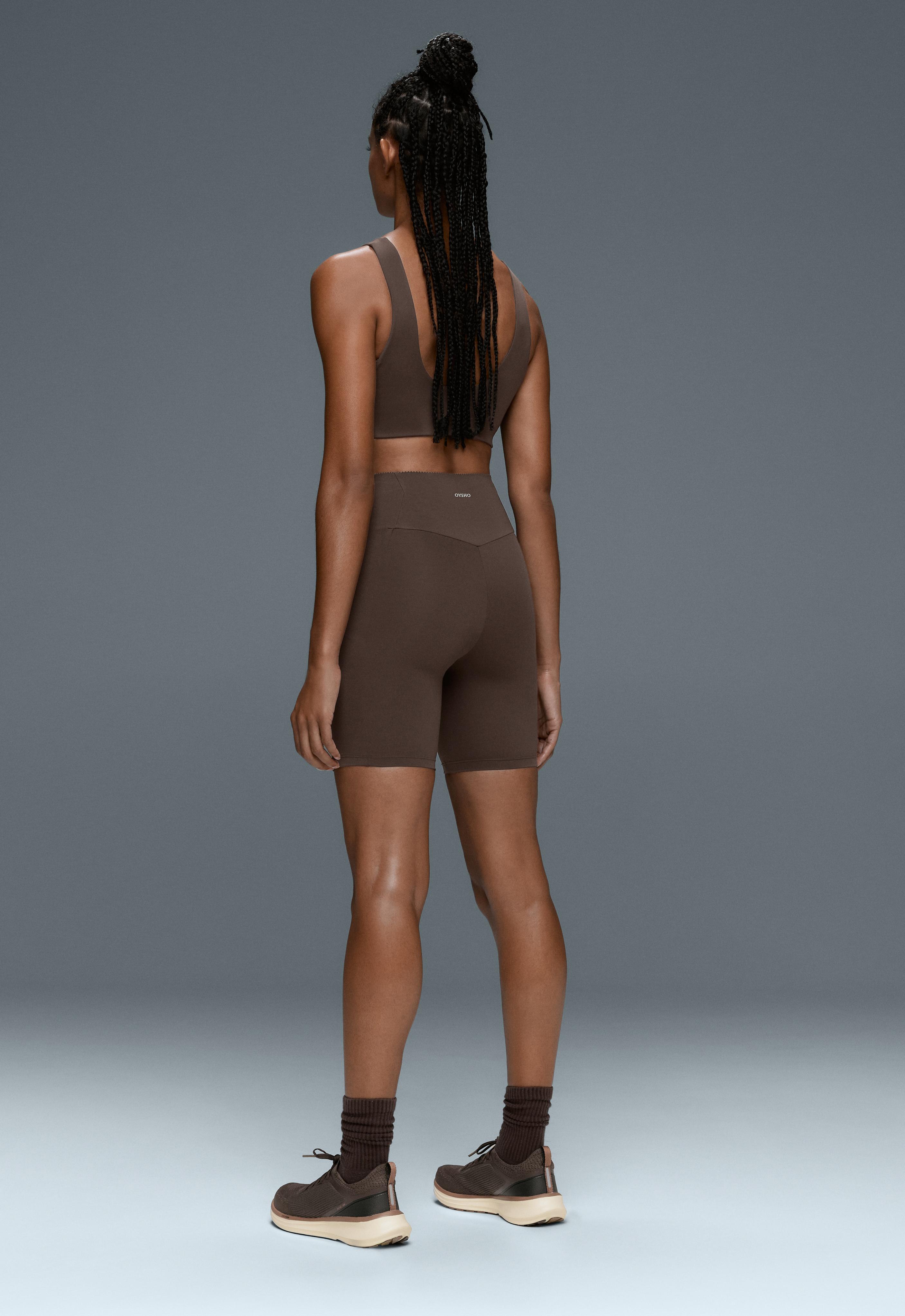 Compressive 20cm high-waisted cycle leggings with pockets — BROWN