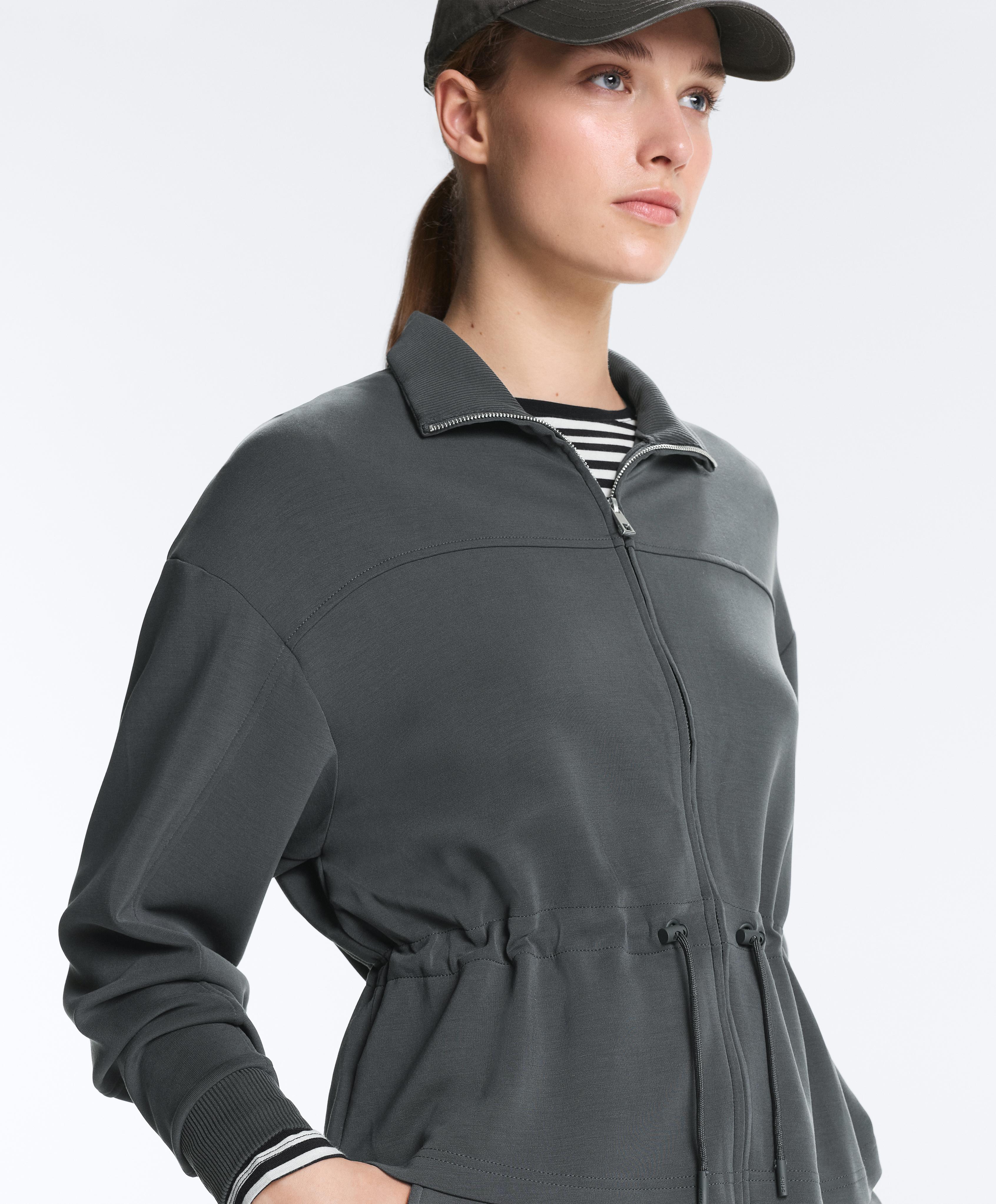 Soft-touch modal jacket with adjustable waist and high collar — ASPHALT