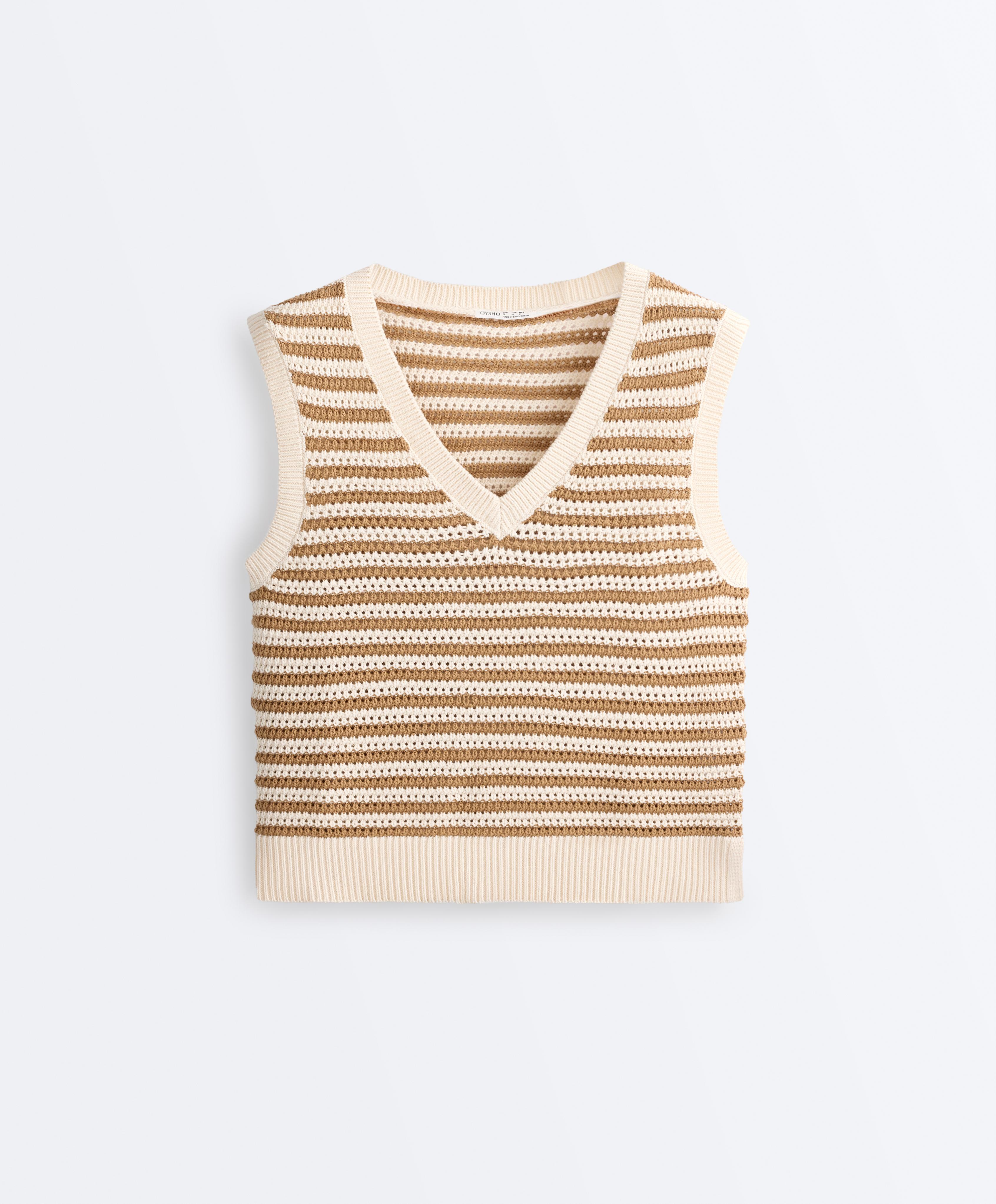 Striped V-neck knit vest — ECRU