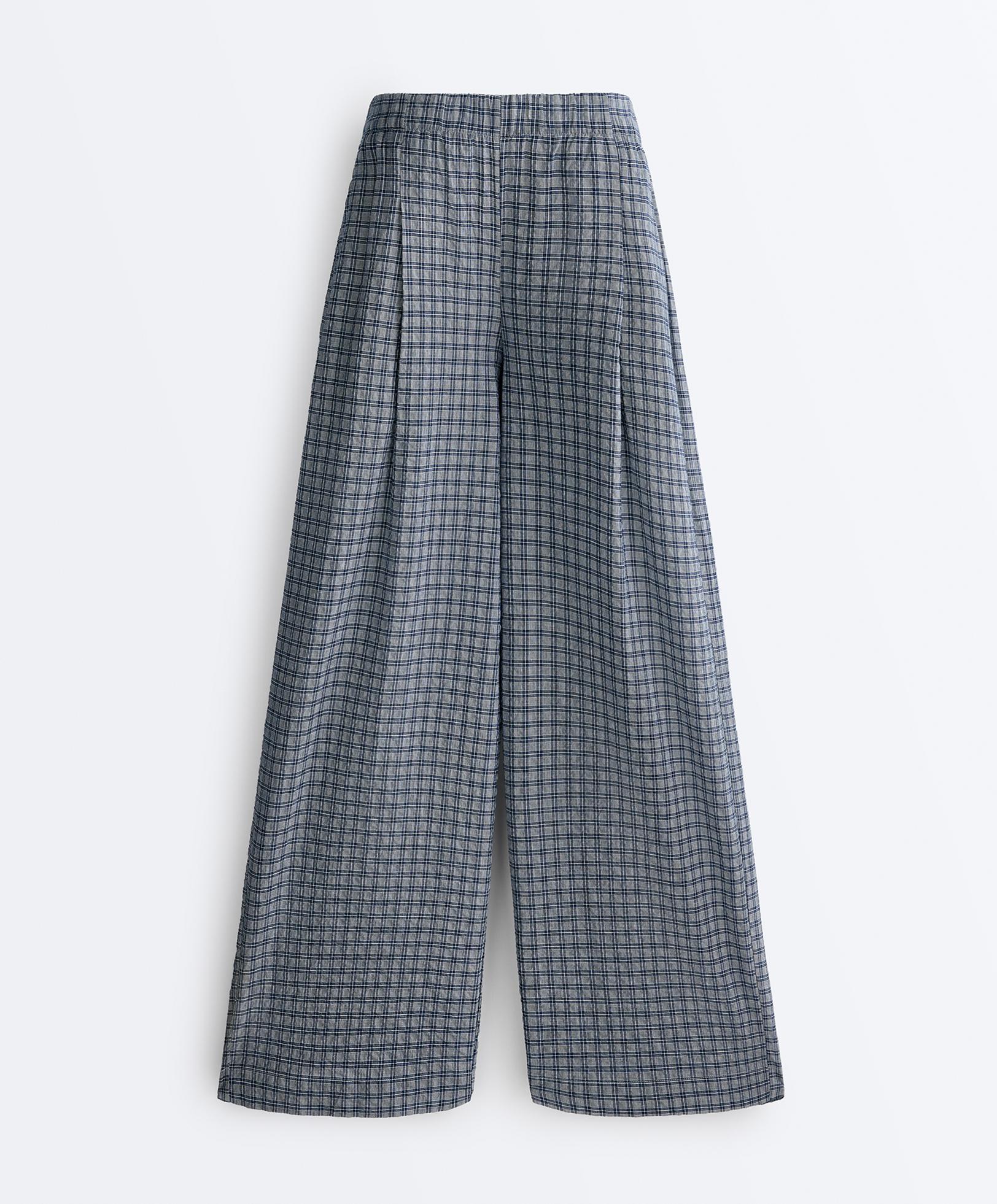 Check cotton blend wide-leg trousers — GREY-BLUE
