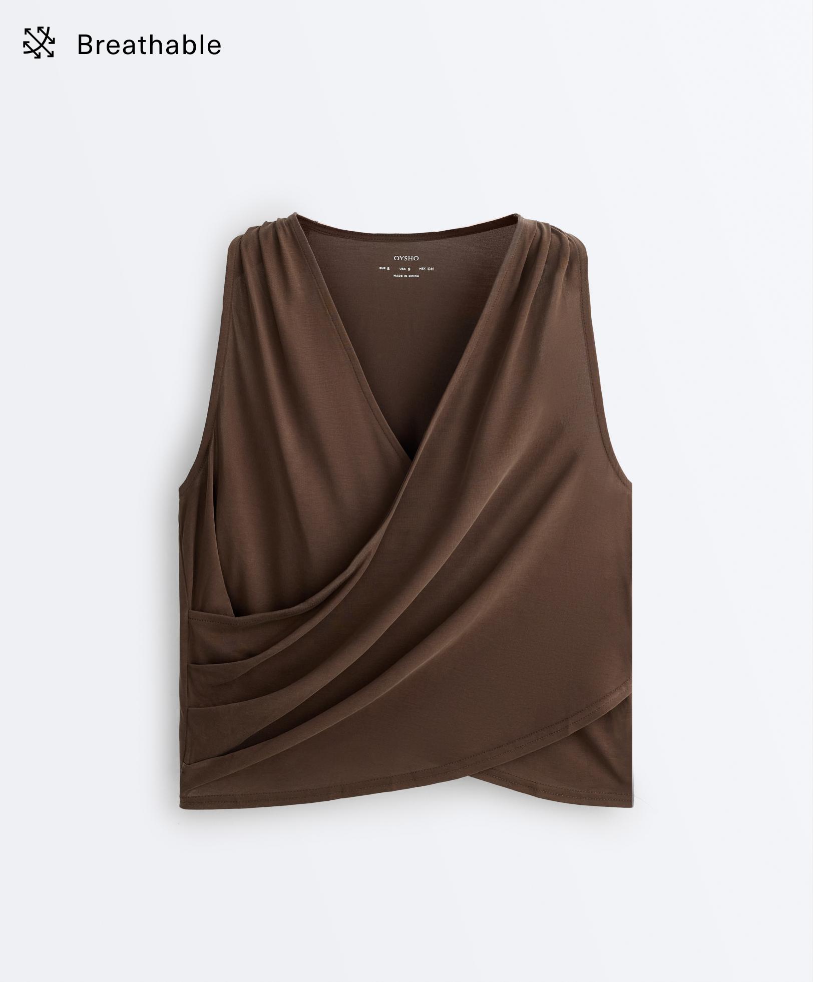 Modal blend crossover sleeveless T-shirt — DARK BROWN