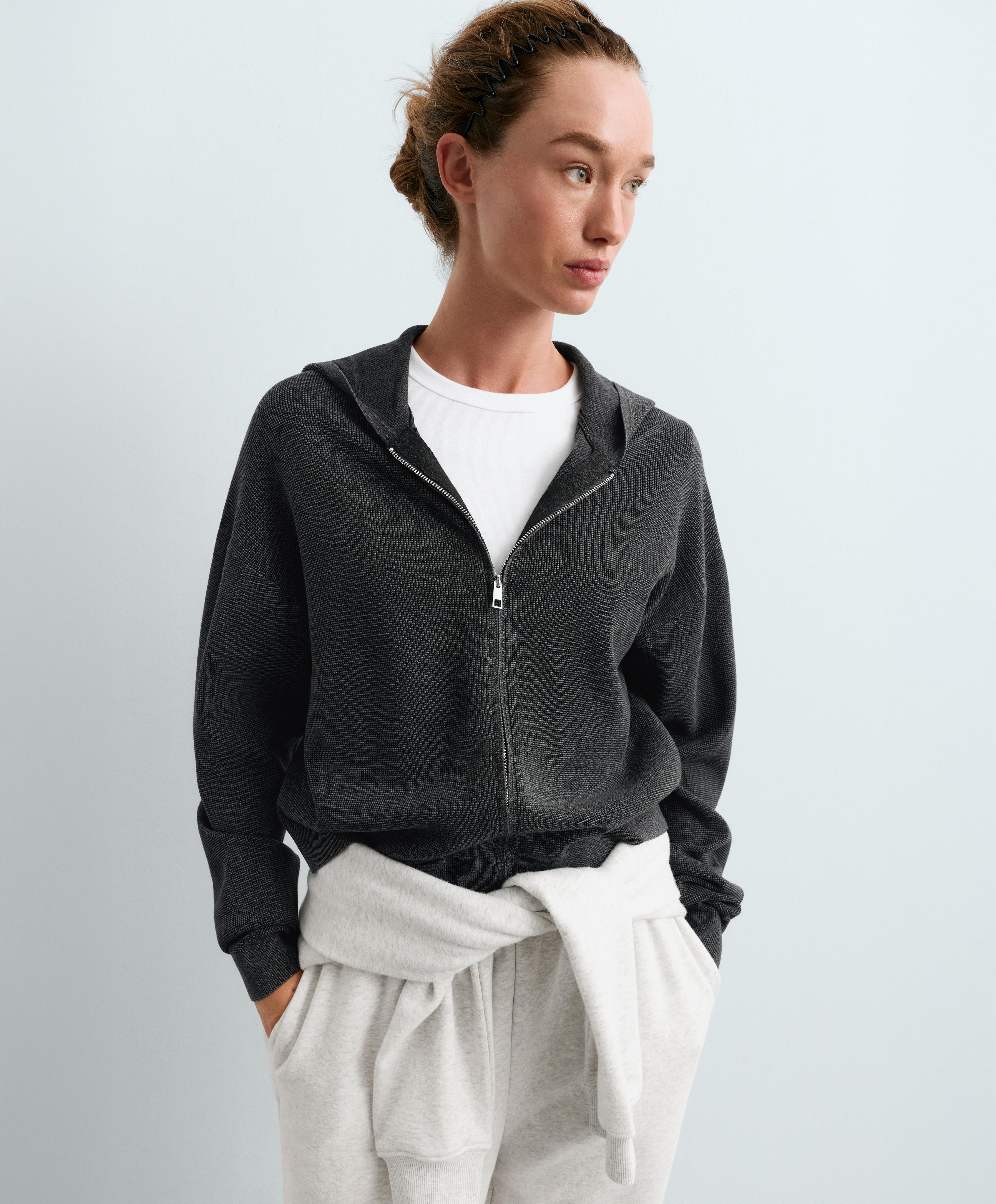 Hooded waffle knit jacket — DARK ANTHRACITE