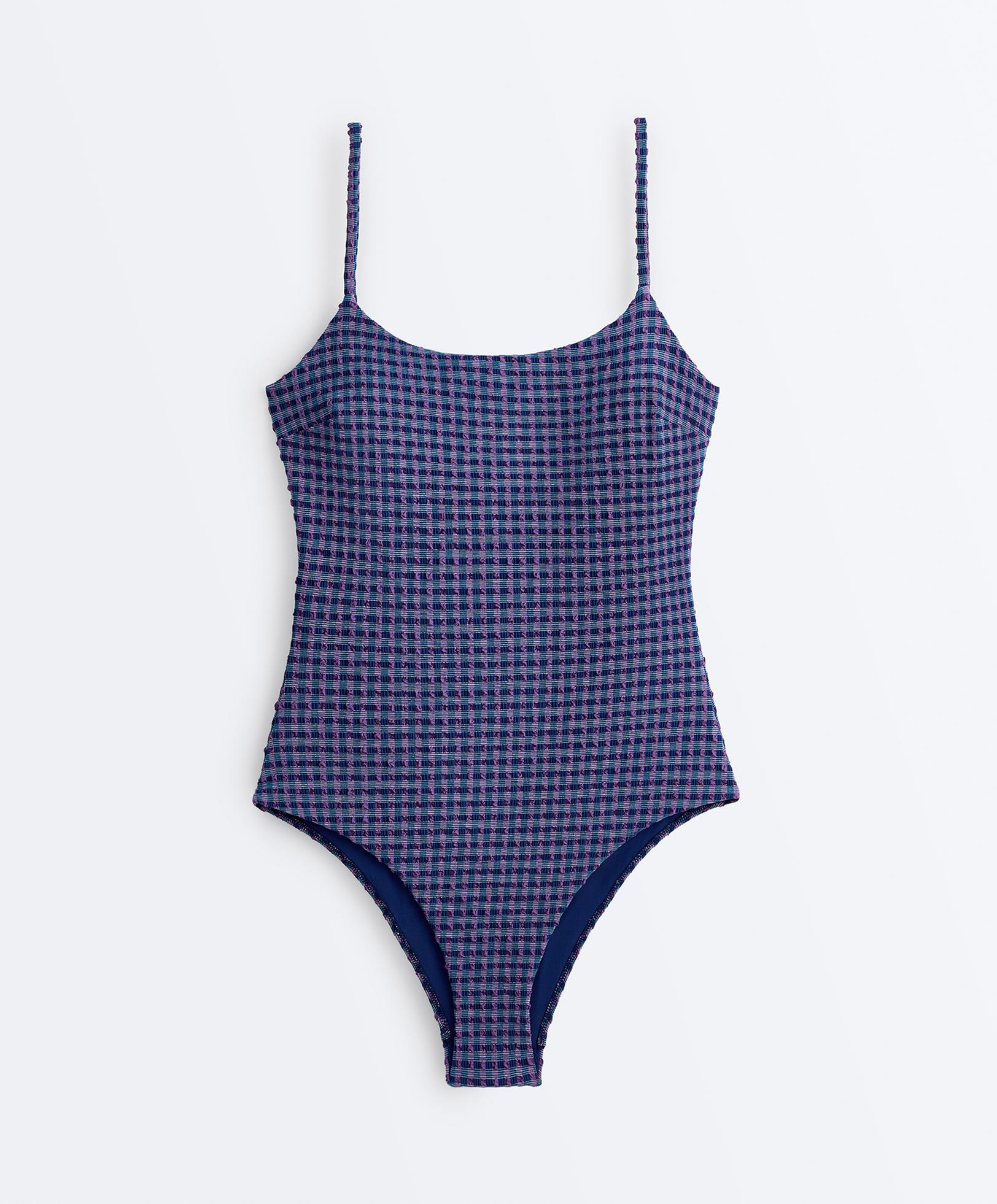 Gingham round-neck swimsuit — NAVY BLUE