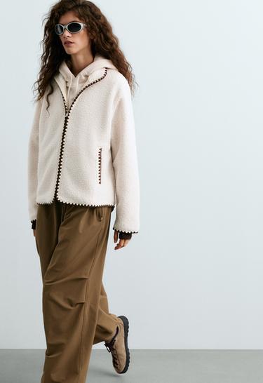 High-neck faux-shearling jacket with contrast stitching — ECRU 3