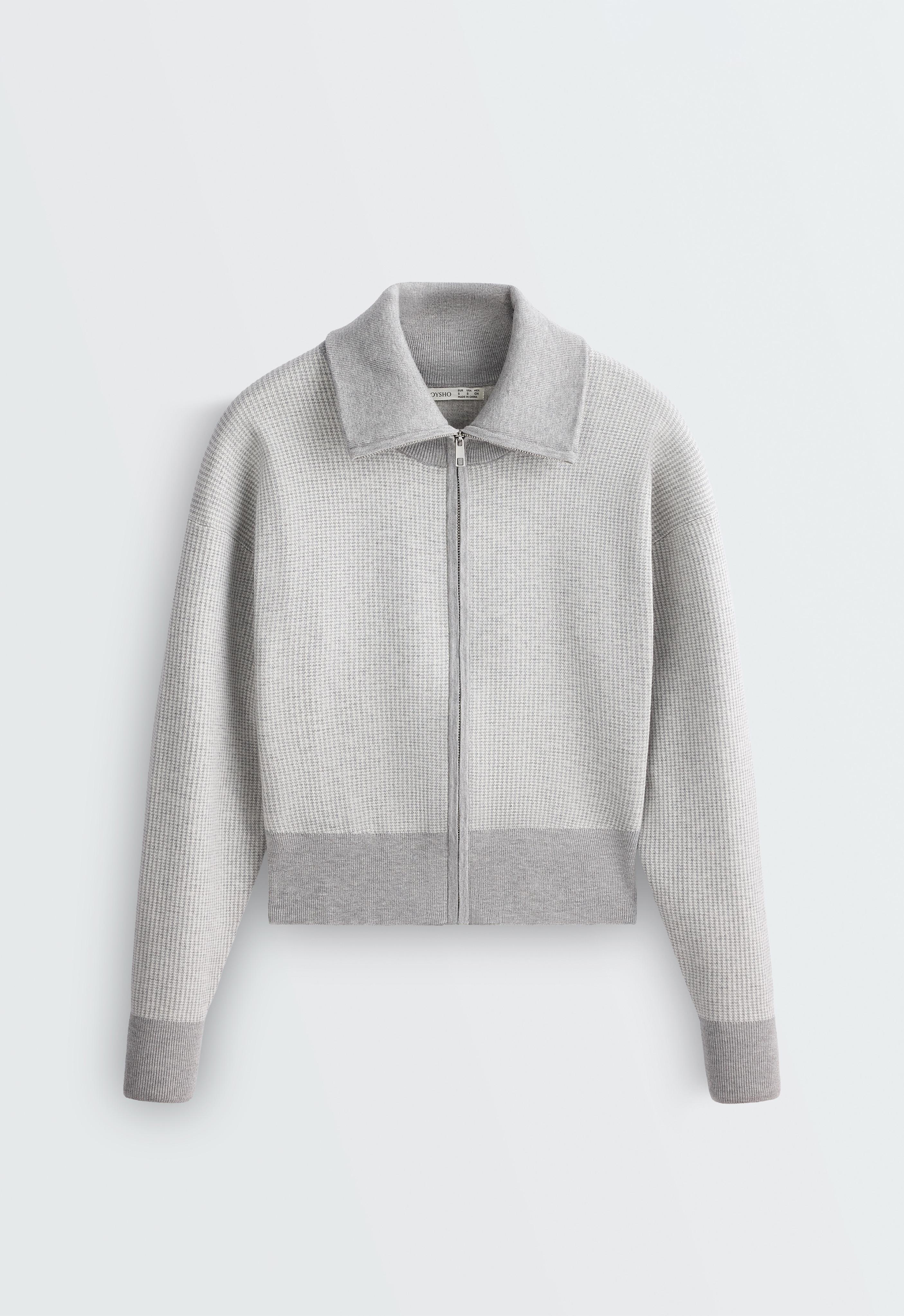 High neck contrast knit jacket — PALE GREY