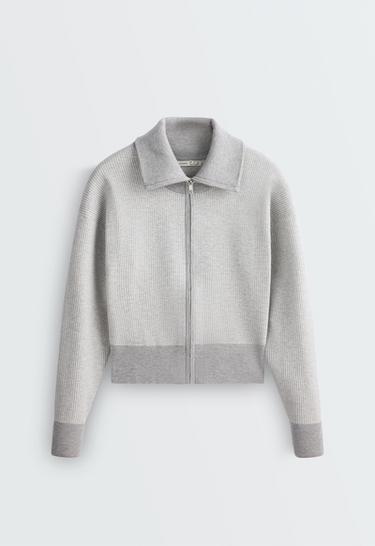 High neck contrast knit jacket — PALE GREY 5