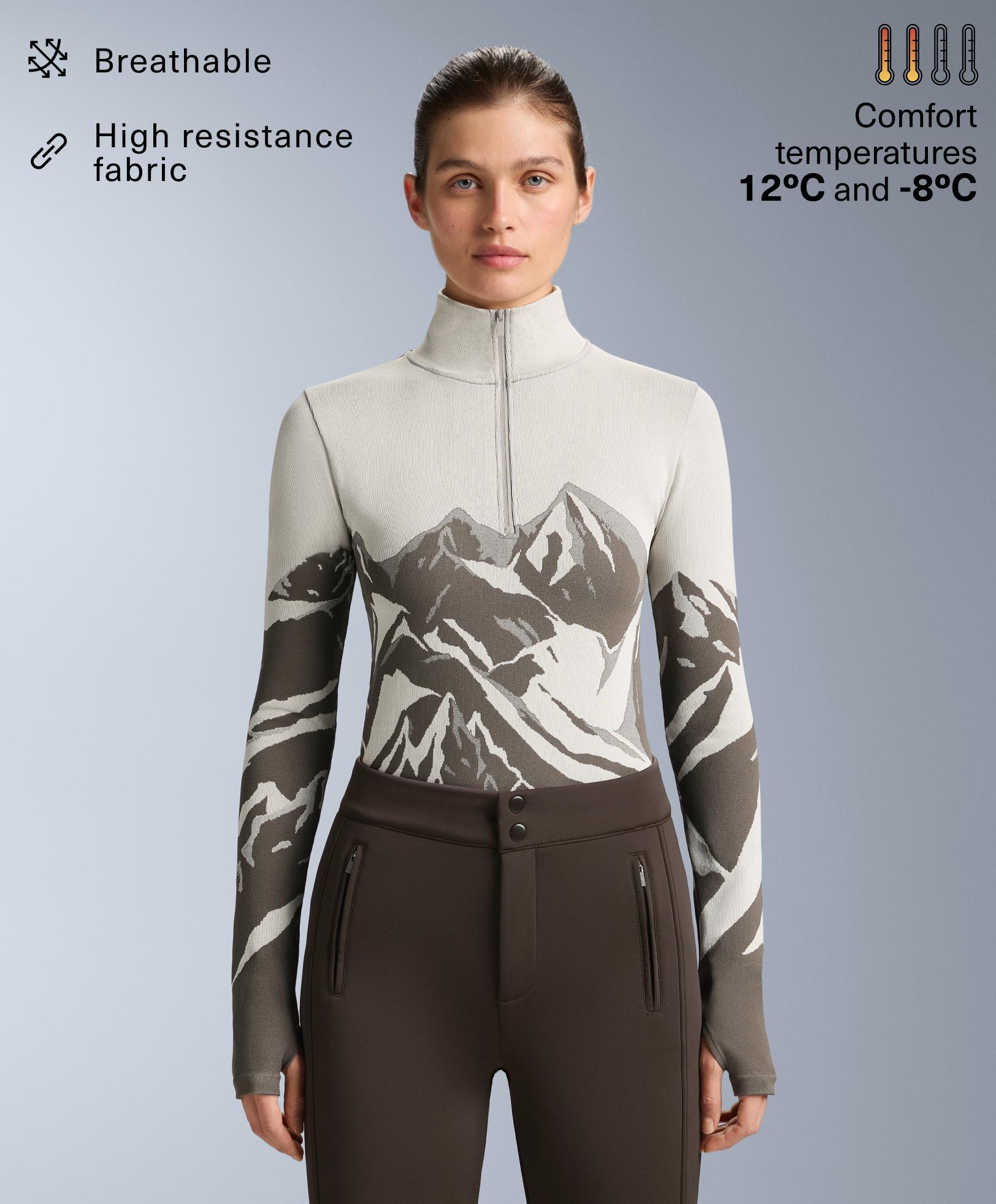 Seamless base layer thermal T-shirt with half zip and print — PALE MINK