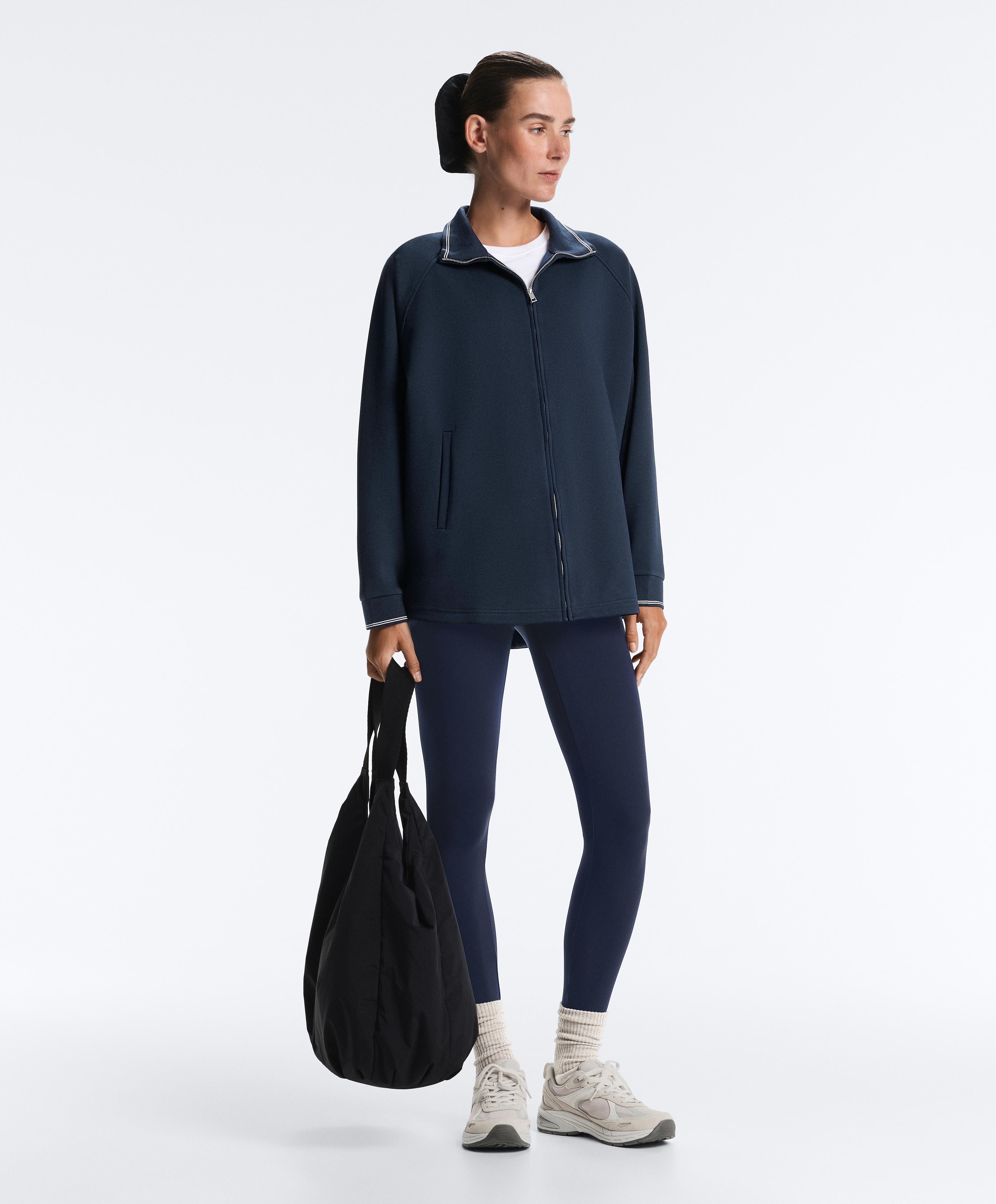 Long piqué jacket with contrast cotton piping — NAVY BLUE