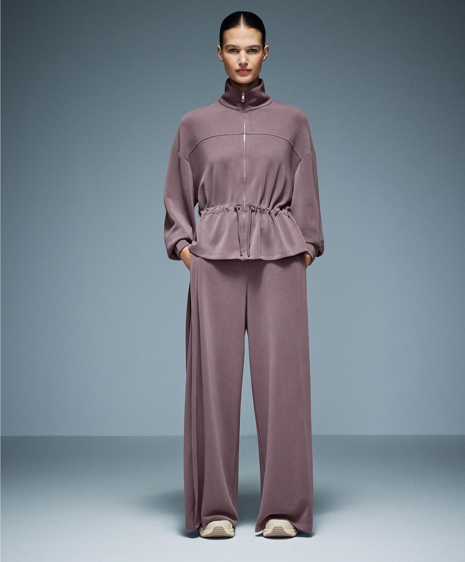 Soft-touch modal jacket with adjustable waist and high collar — GREY-LILAC