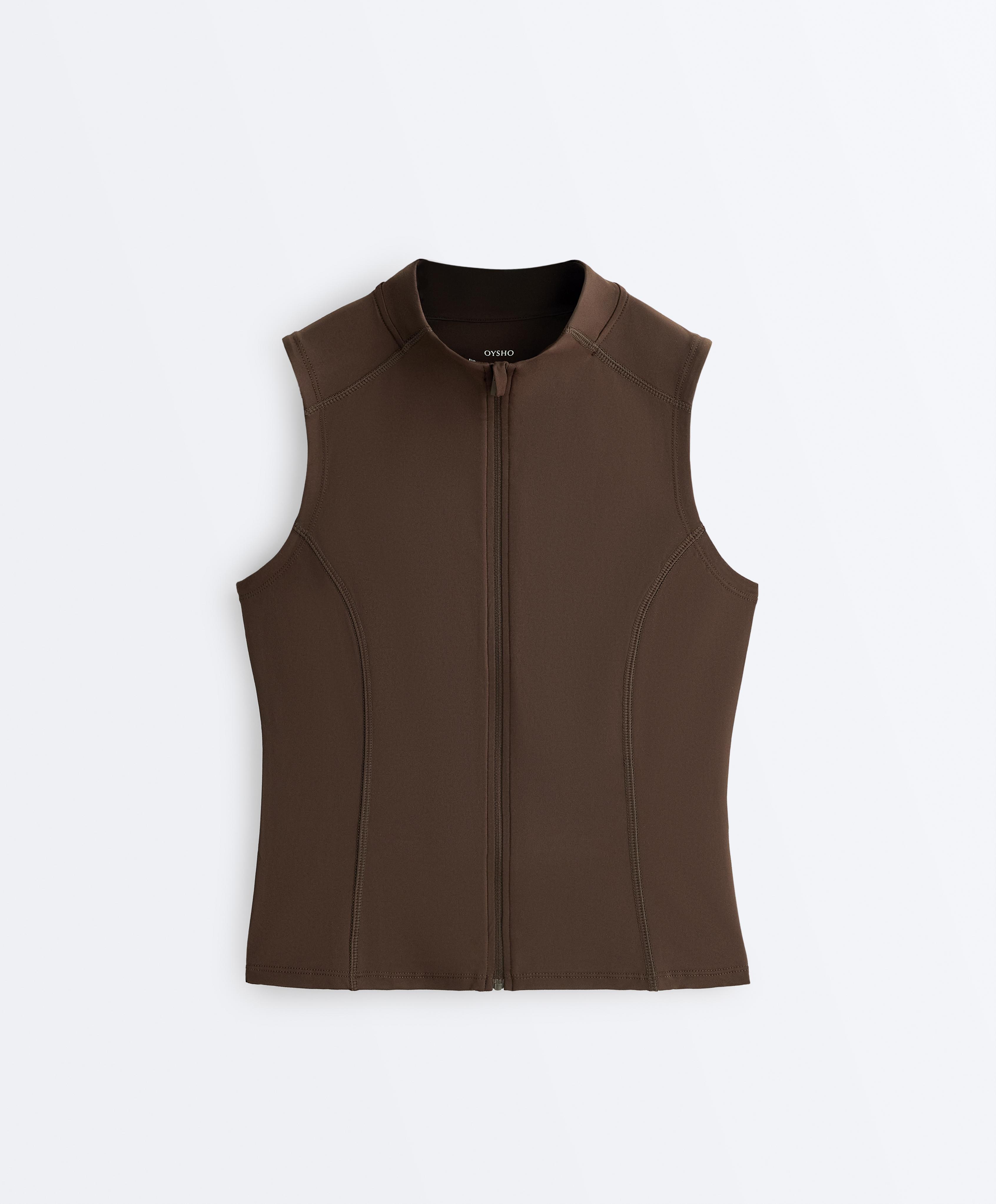 Sleeveless zip T-shirt — DARK BROWN