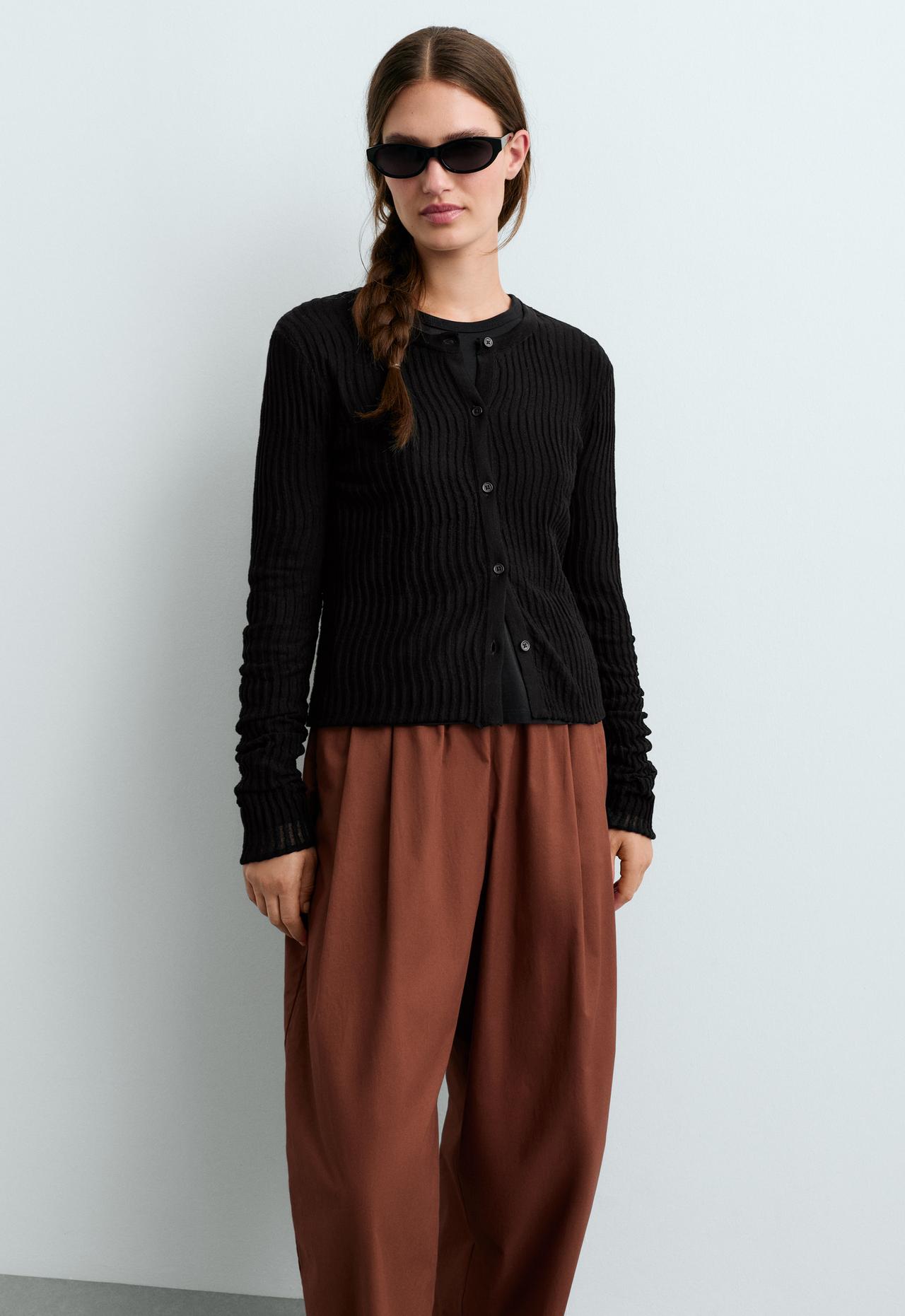 Knit cotton-blend sheer cardigan — BLACK