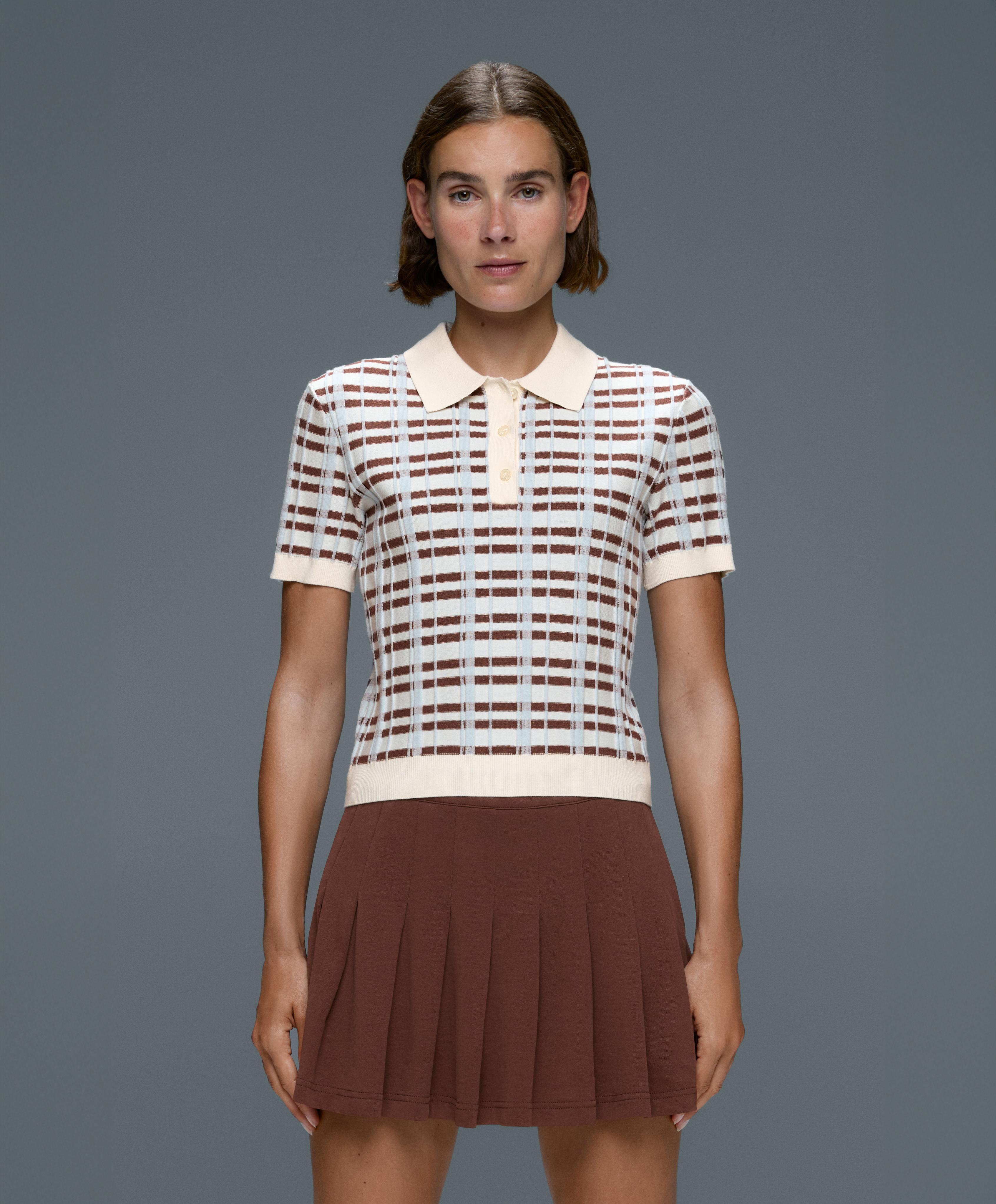 Short sleeve check knit polo shirt — PALE ECRU