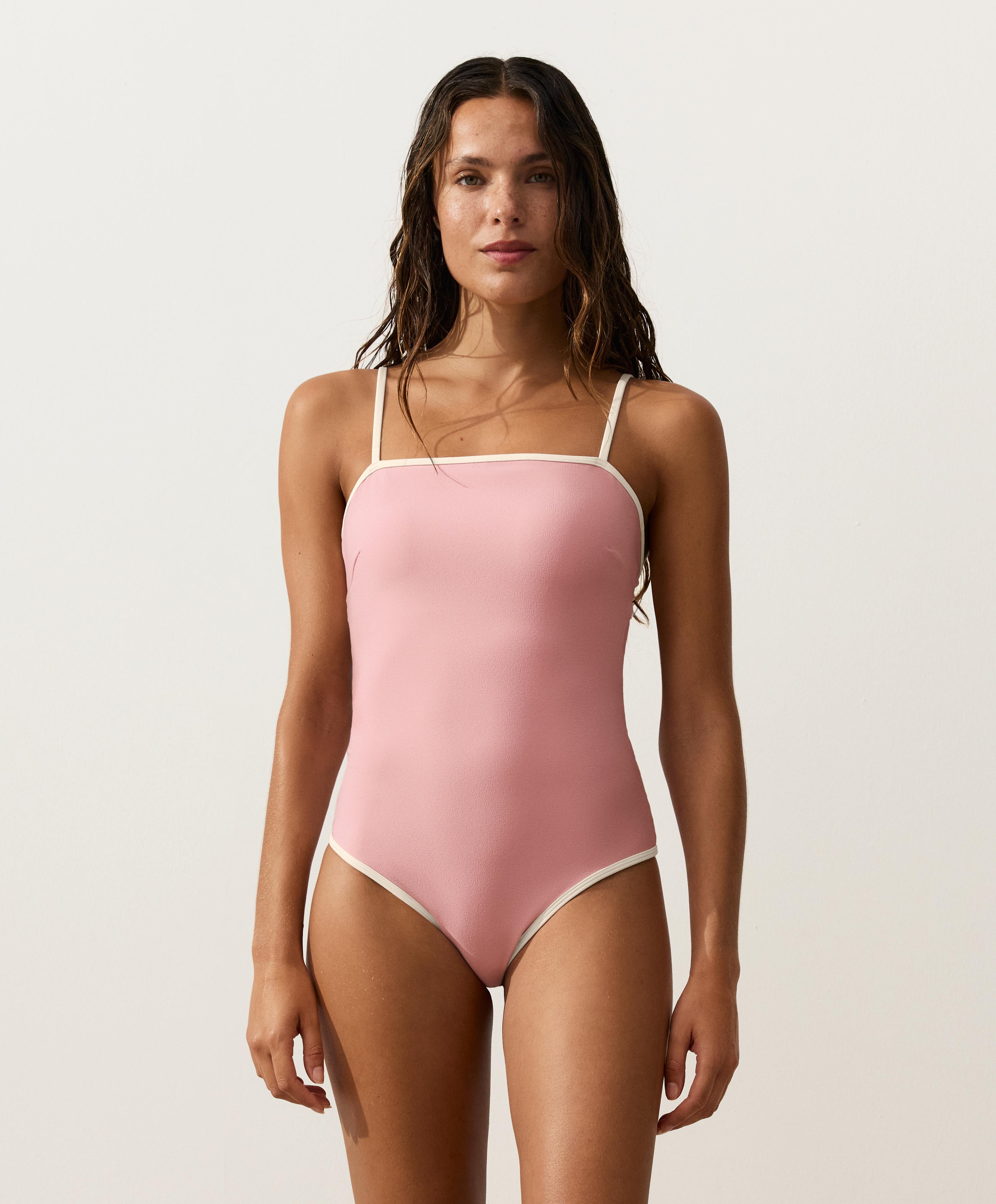 Contrast trim bandeau swimsuit — PINK