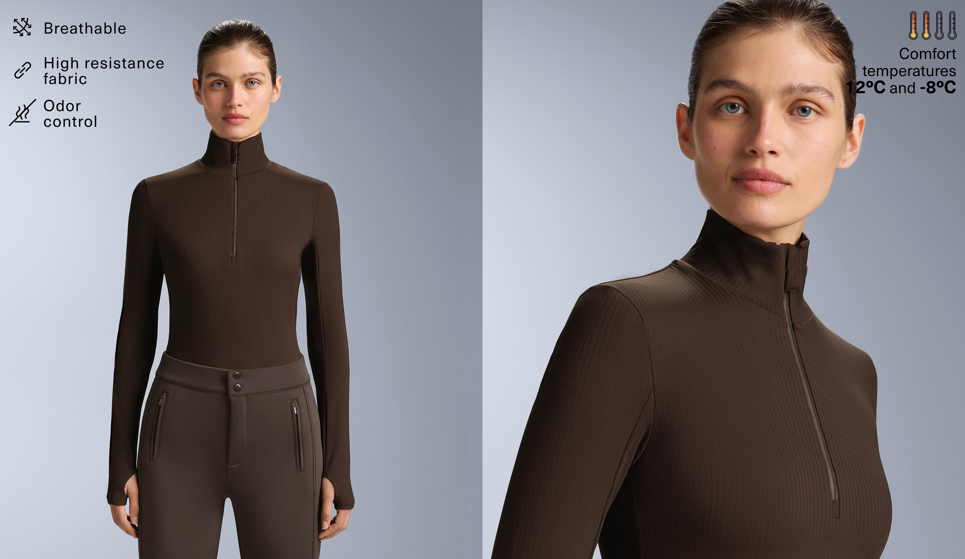 Thermal base layer rib T-shirt — DARK REDDISH‑BROWN