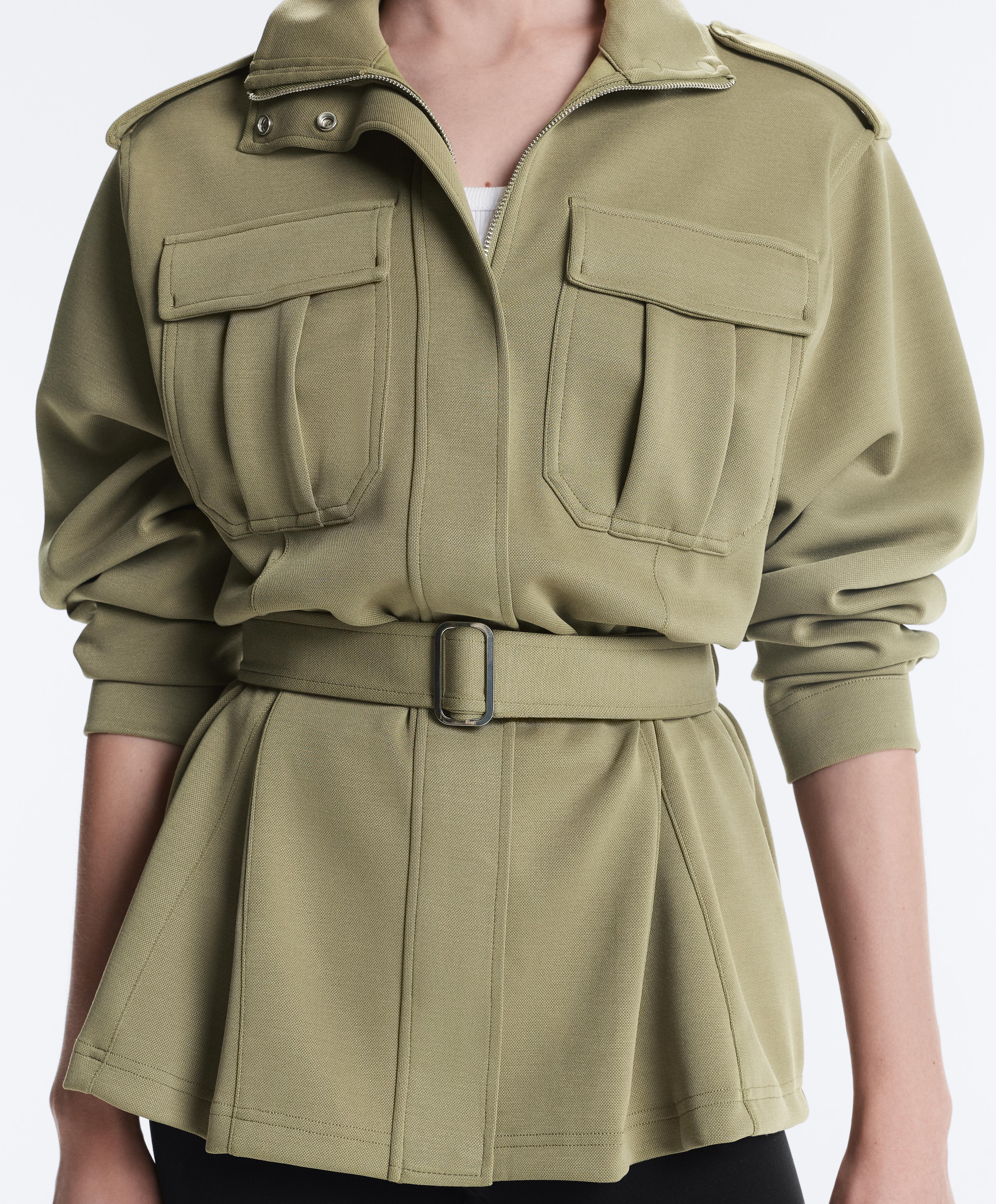Long utility pique jacket with belt — YELLOW GREEN