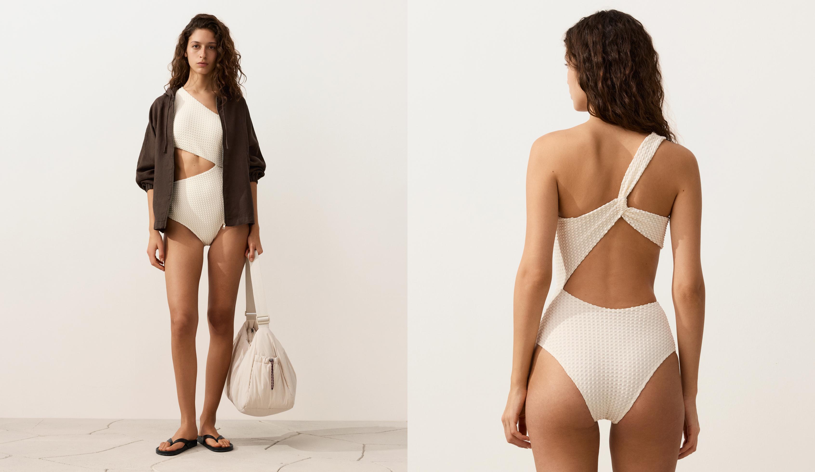 Bubble crochet asymmetric trikini — ECRU