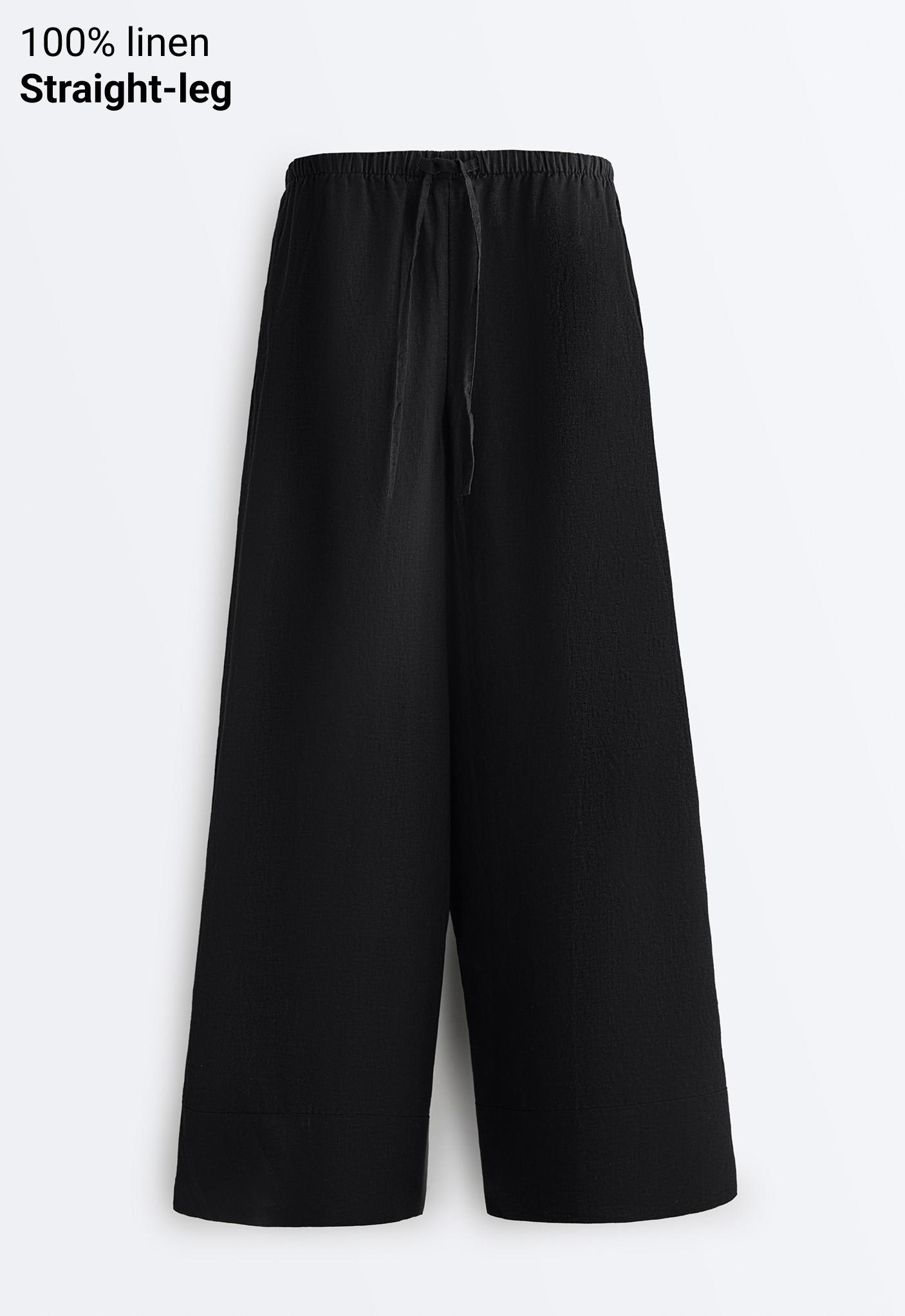 100% linen straight-leg trousers — BLACK