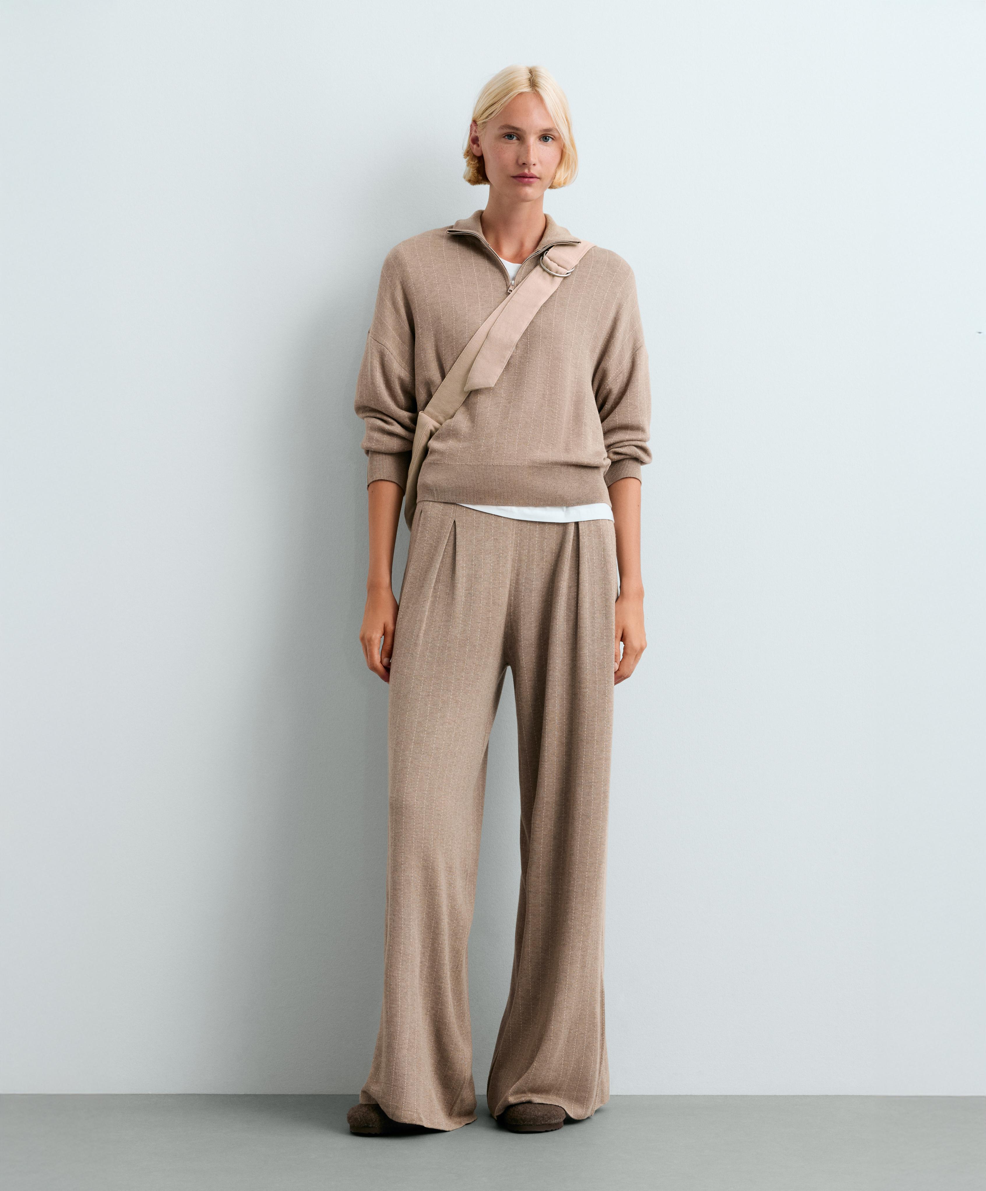 Wide-leg pinstripe knit trousers — DARK NOUGAT