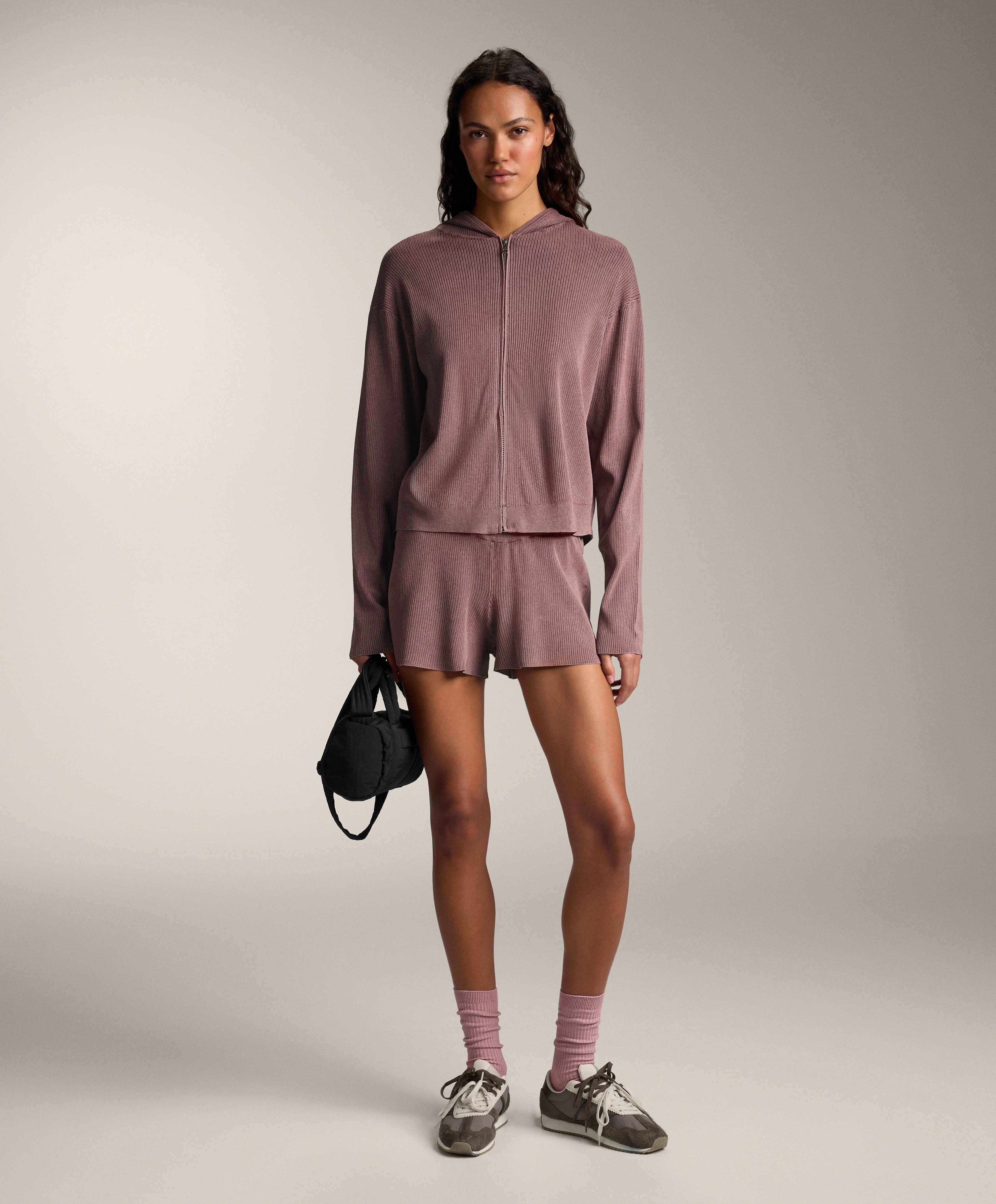 Hooded rib-knit jacket — PINK-MAUVE
