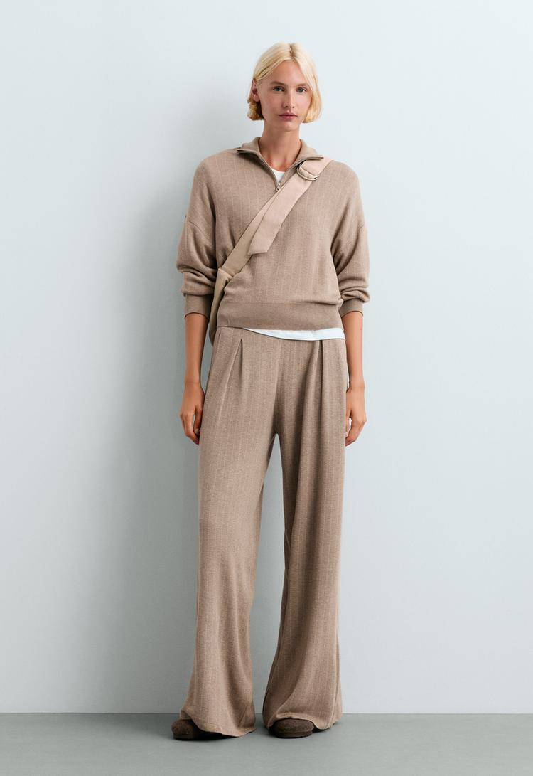 Wide-leg knit pinstripe trousers — DARK NOUGAT