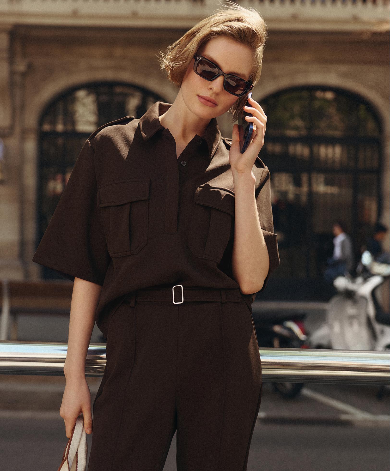 Utility short-sleeve sweatshirt with cotton piqué — DARK BROWN