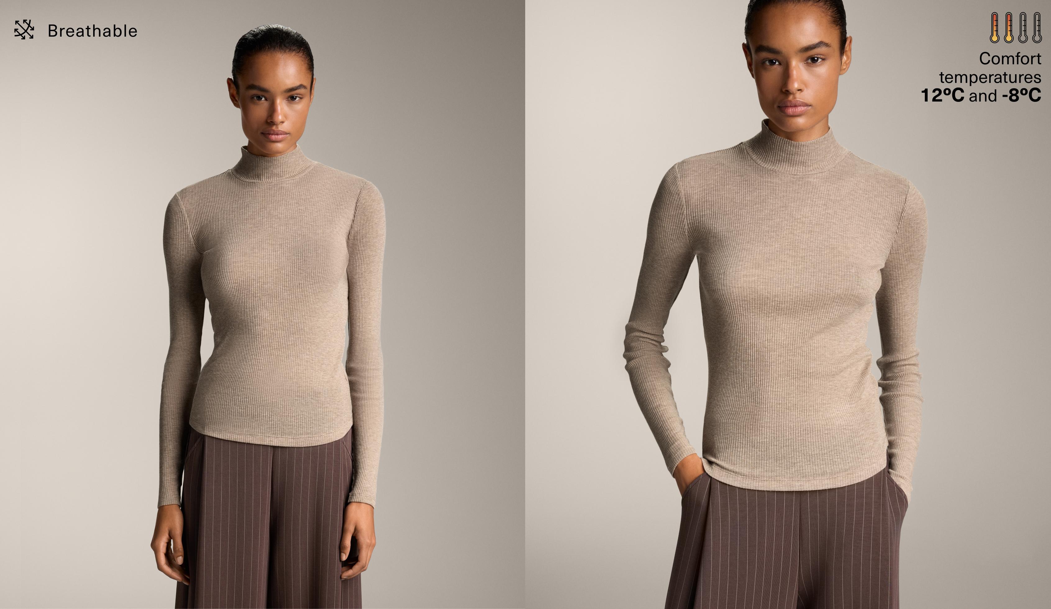 Rib high-neck base layer T-shirt with lyocell