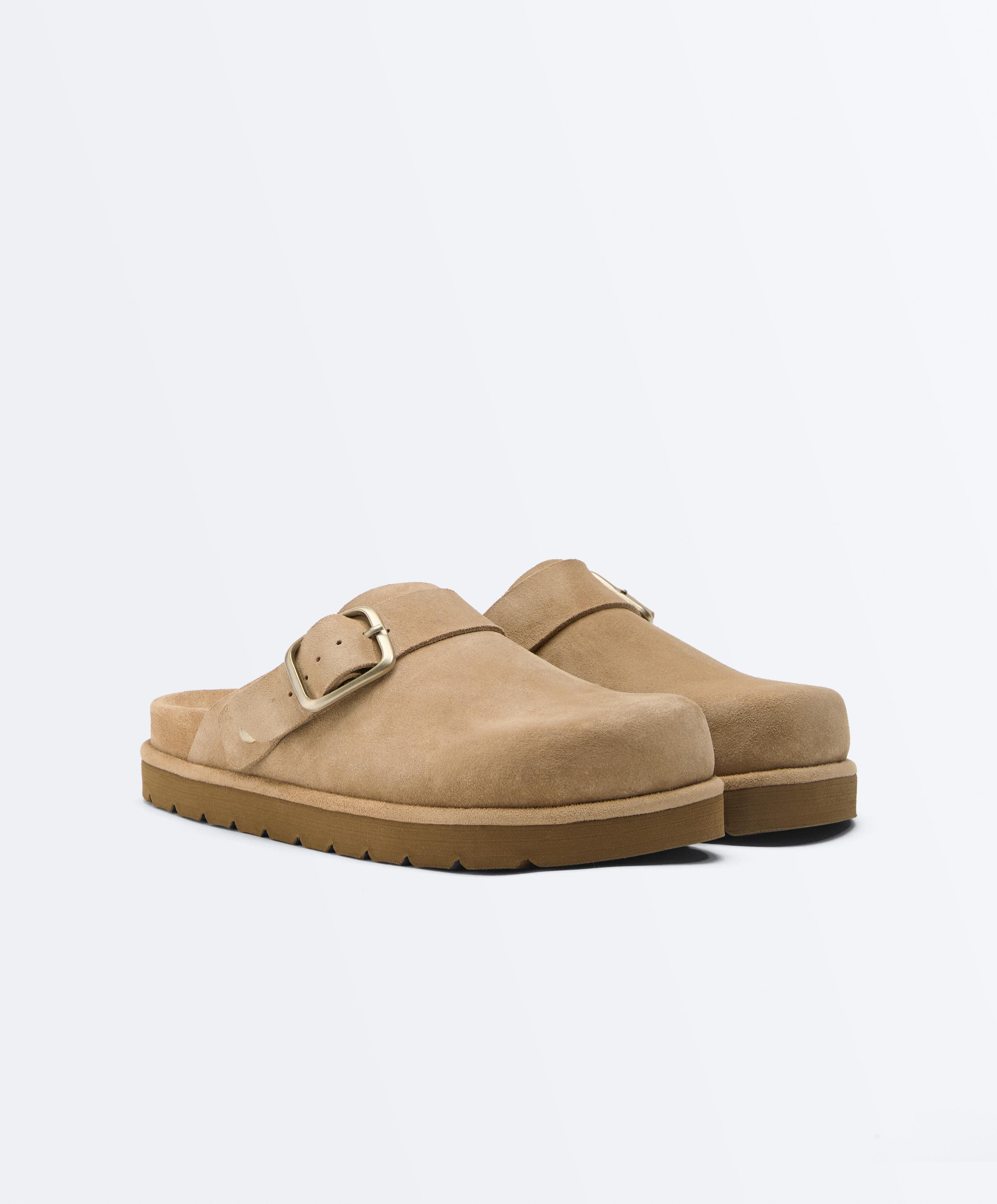 Buckled split-leather mules — TOASTED BROWN