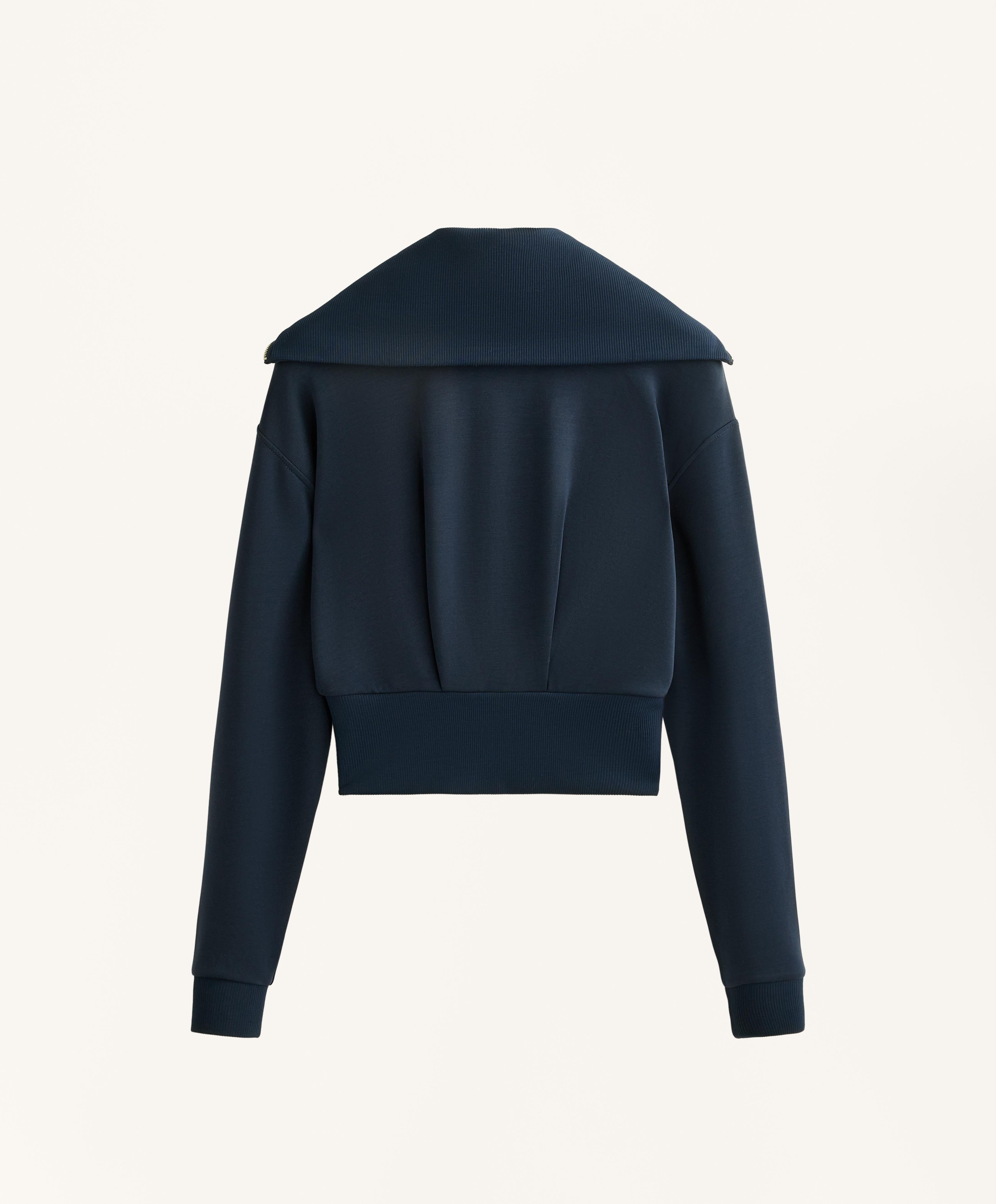 Fitted waist knit collar jacket with modal — NAVY BLUE