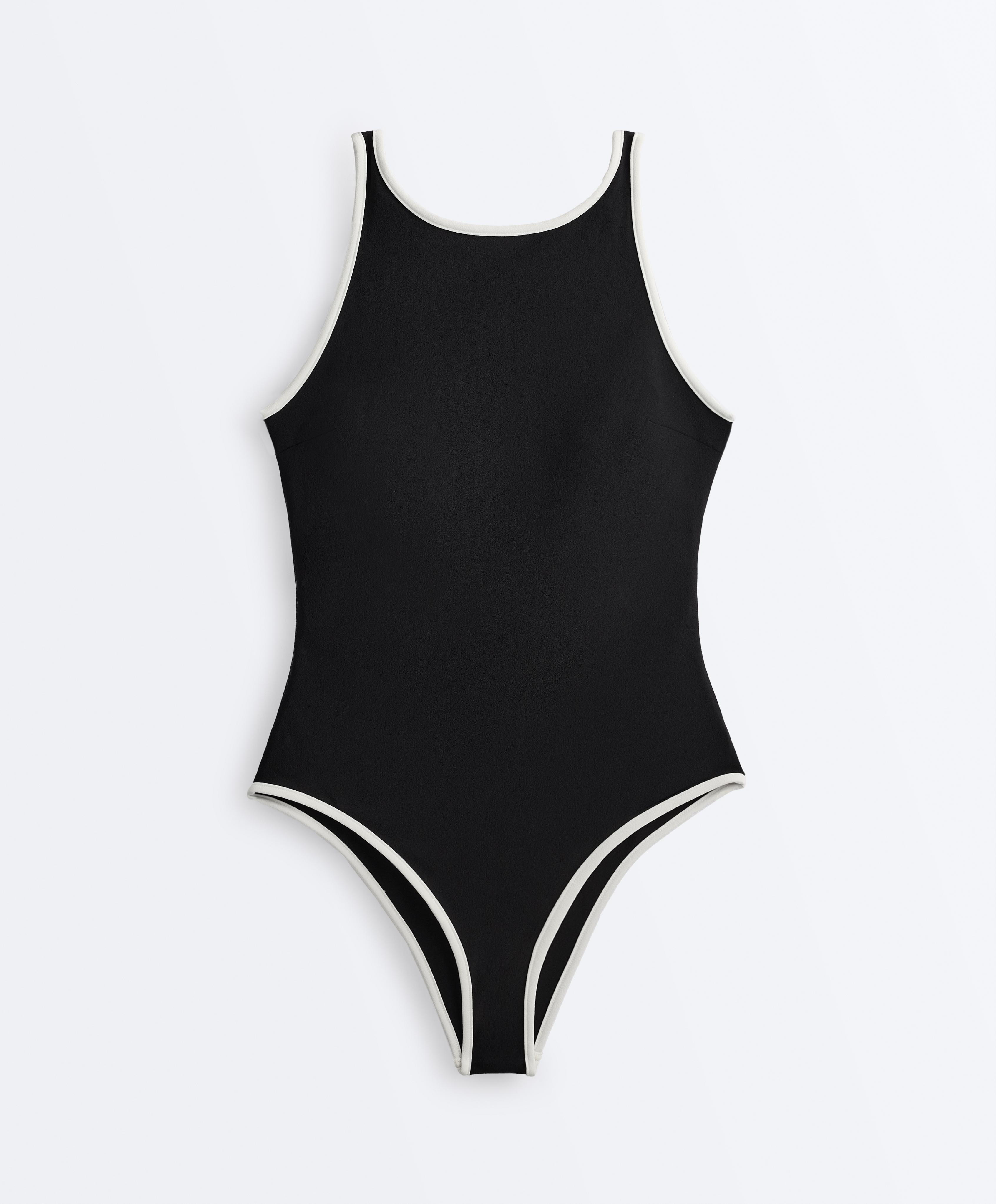 Contrast trim halterneck swimsuit — BLACK