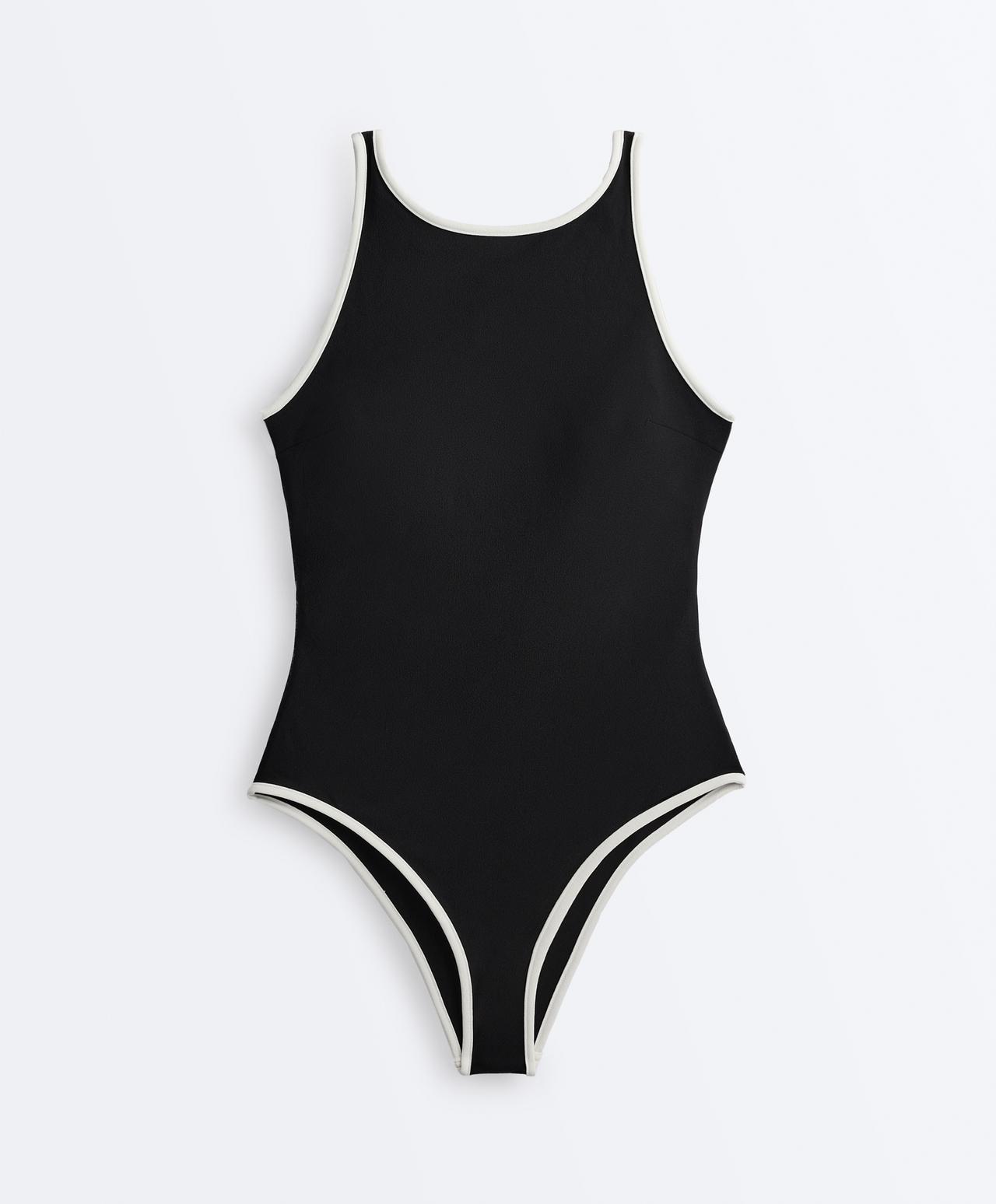 Contrast trim halterneck swimsuit — BLACK