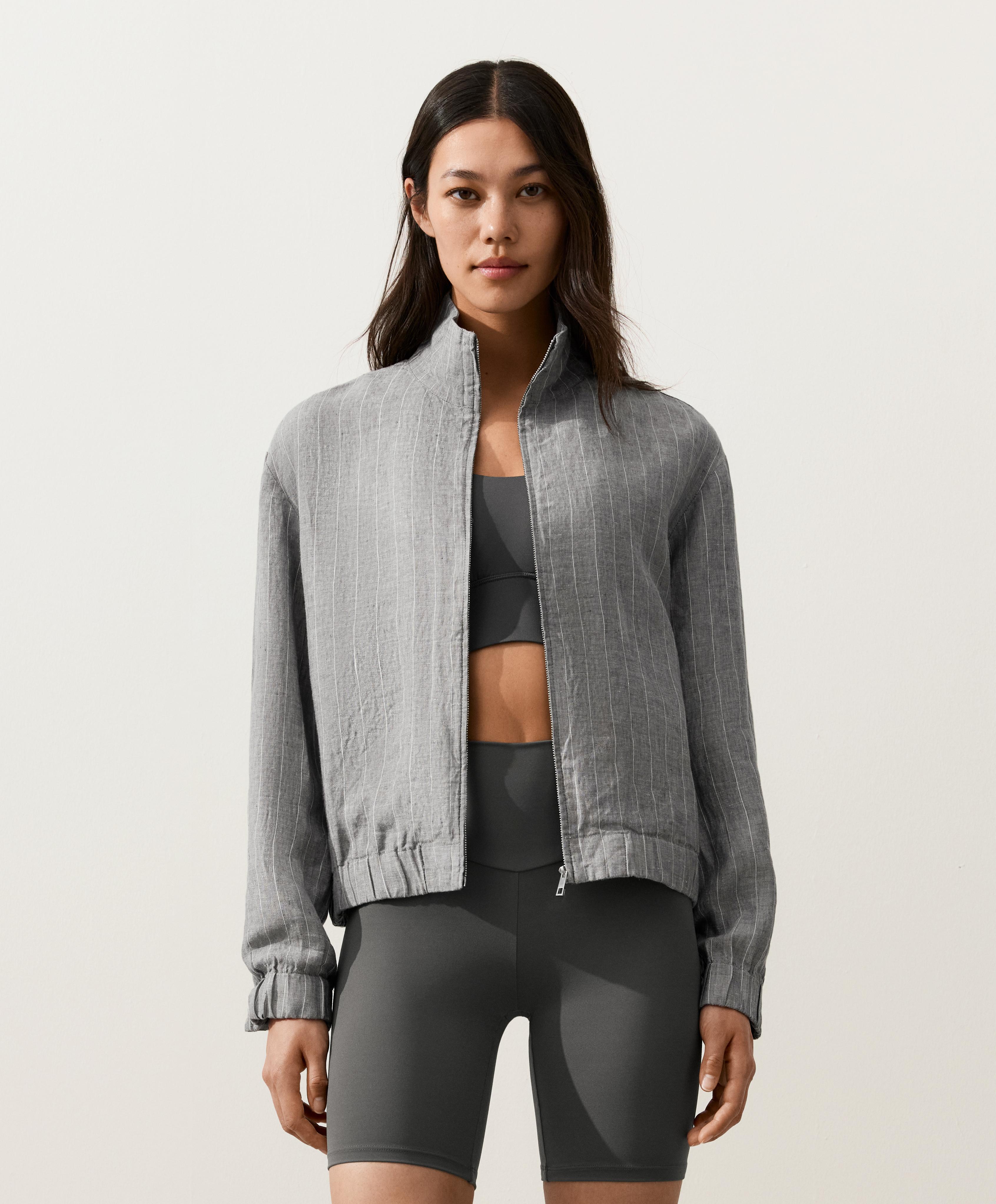 Pinstriped 100% linen high-neck jacket — MID GREY