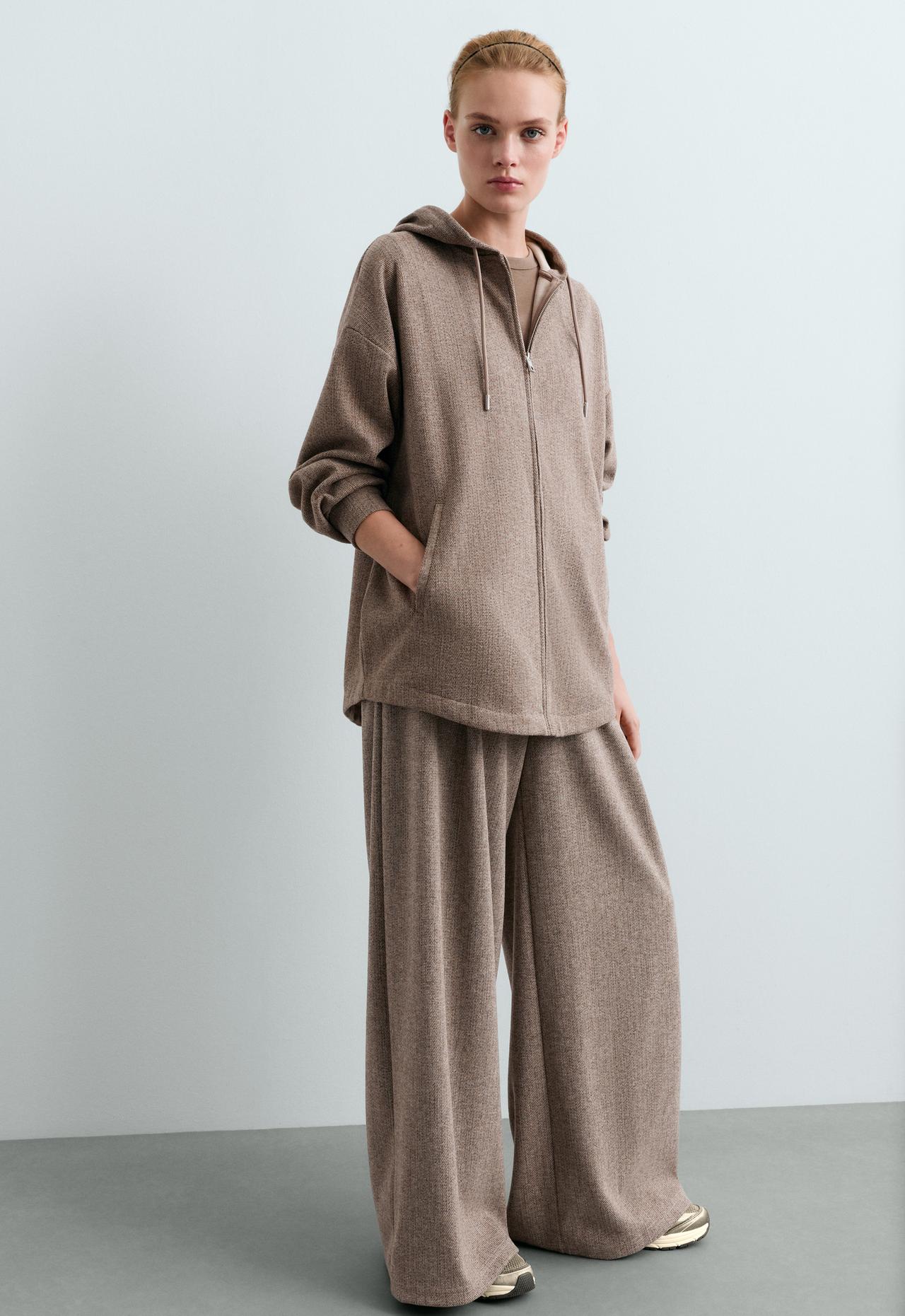 Long mottled hooded jacket — BROWN-GREY MELANGE