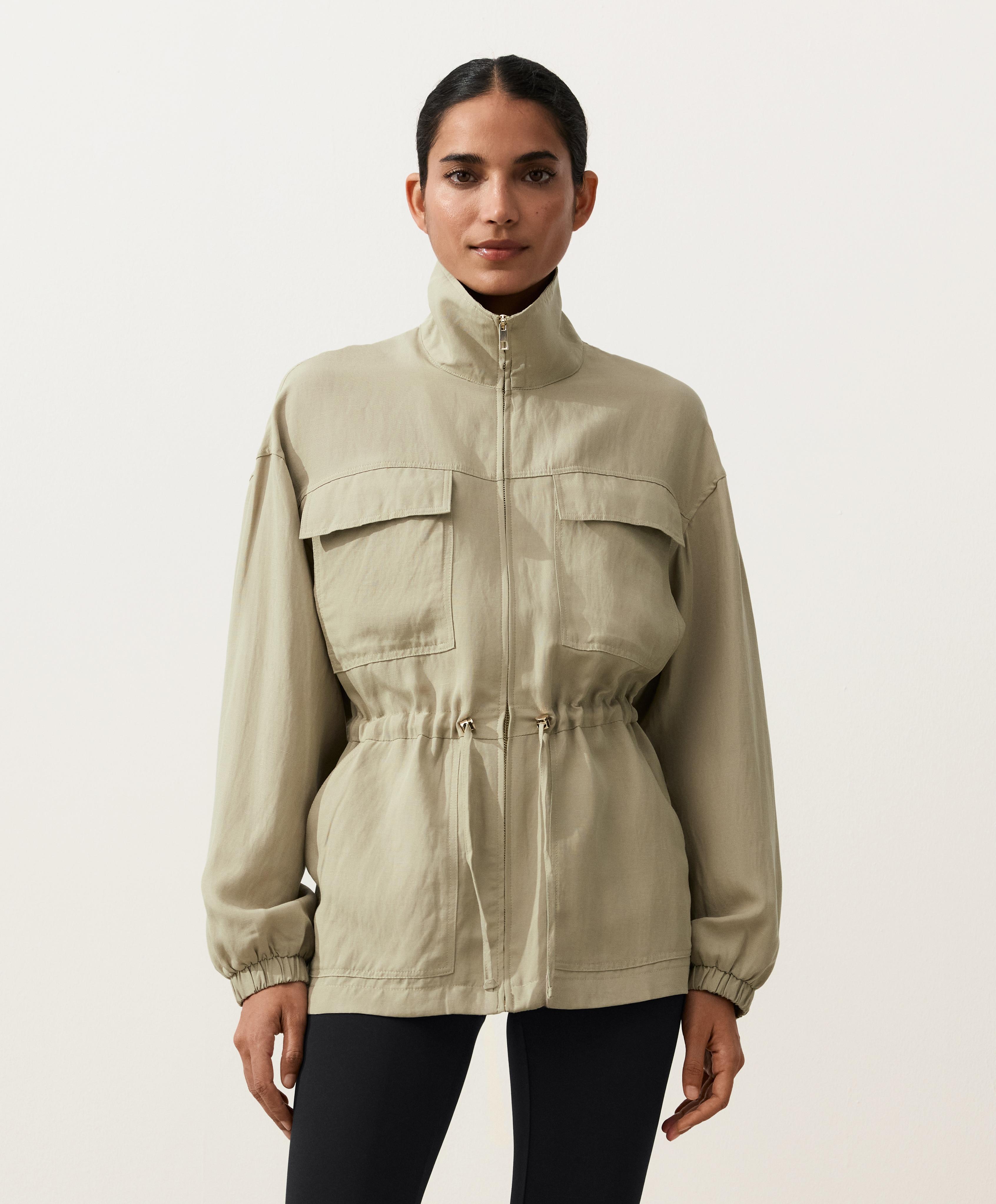 Lyocell and 24% linen blend ruched waist jacket — GREEN BEIGE